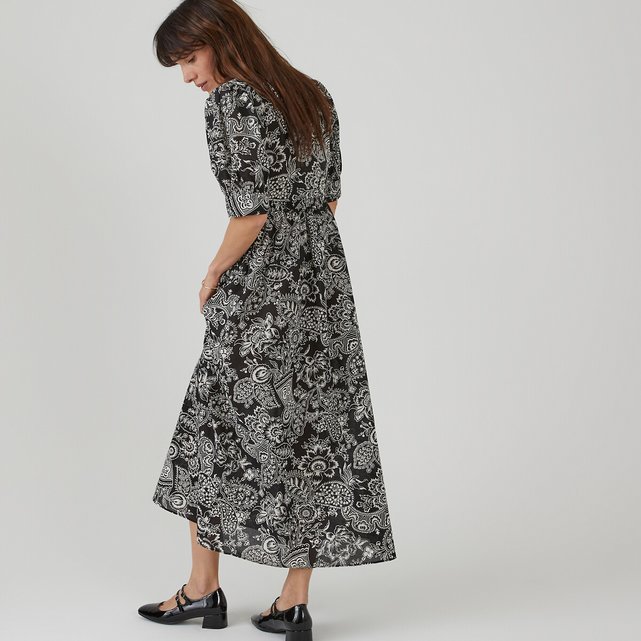 Μακρύ εβαζέ φόρεμα με δίχρωμο φλοράλ μοτίβο