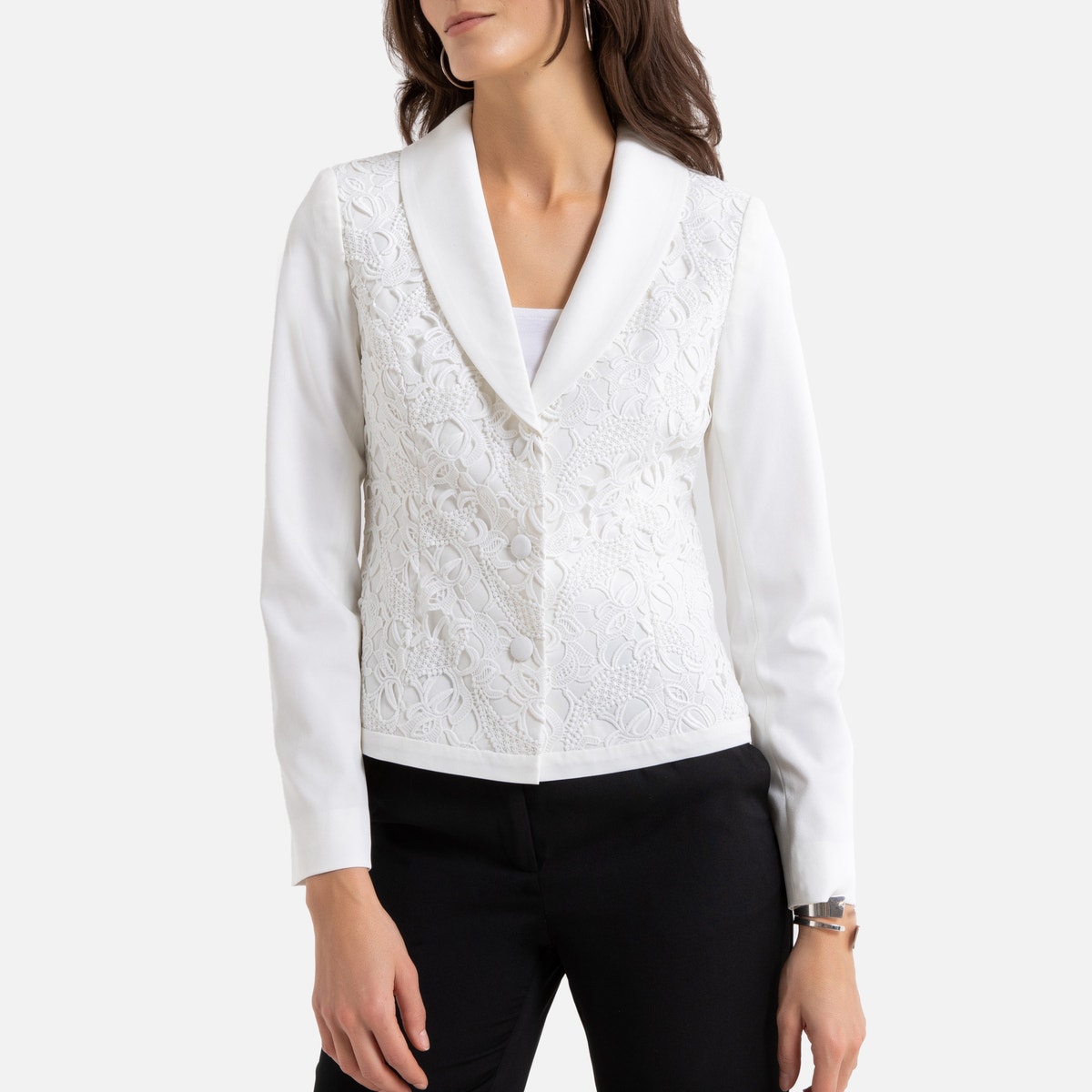 Fitted Single-Breasted Jacket in Lace and Crκpe
