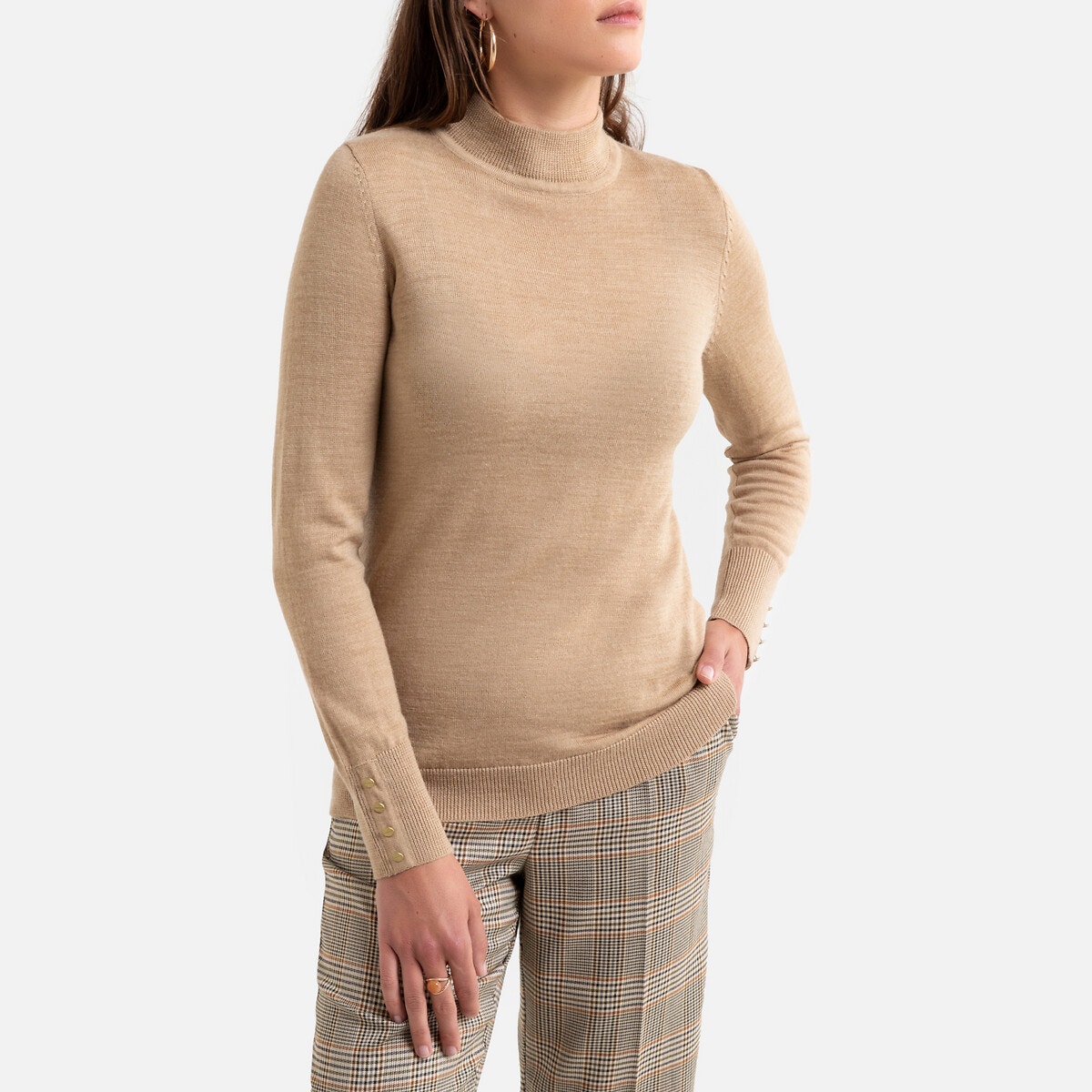 Merino Wool Mix Fine Knit Jumper Sweater with High Neck