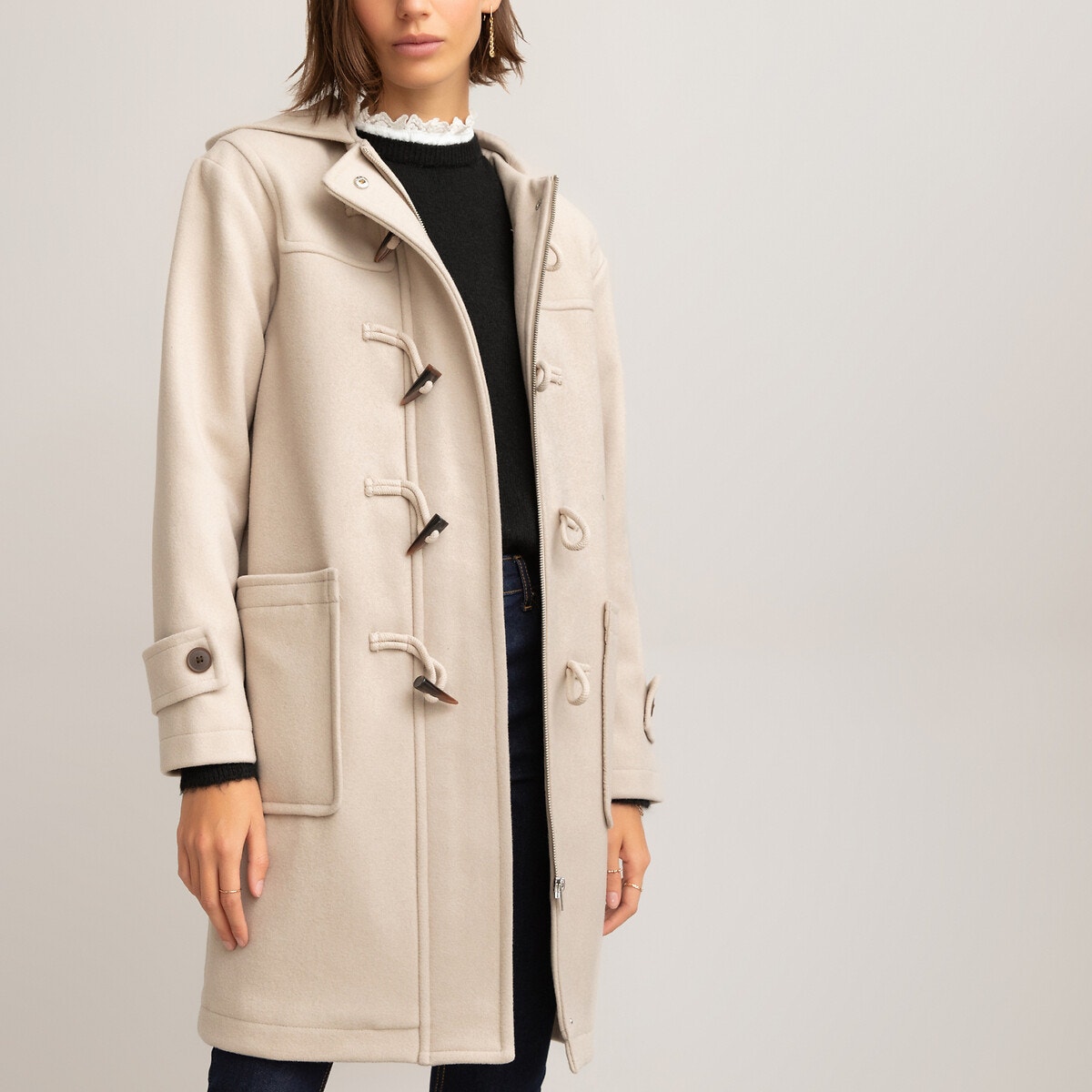 Wool Mix Duffle Coat with Hood and Pockets