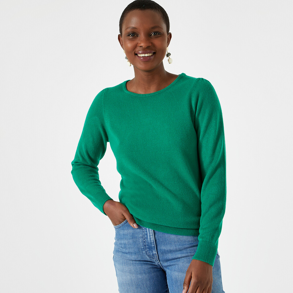 Soft Fine Knit Jumper Sweater with Crew Neck and Gathered Sleeves