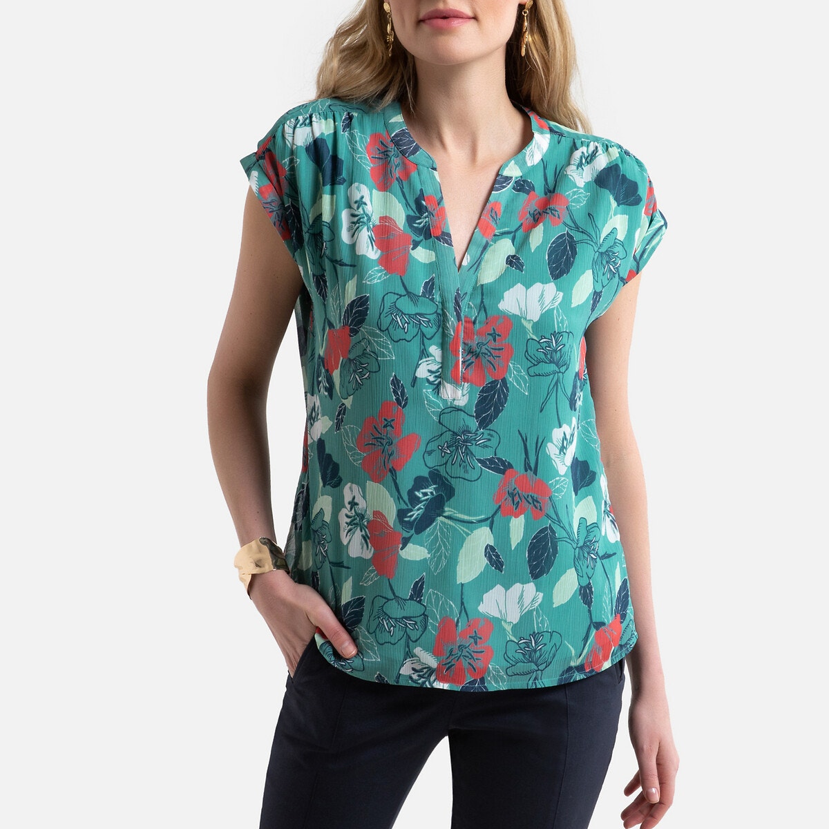 ANNE WEYBURN Φλοράλ μπλούζα με λαιμόκοψη κελεμπίας