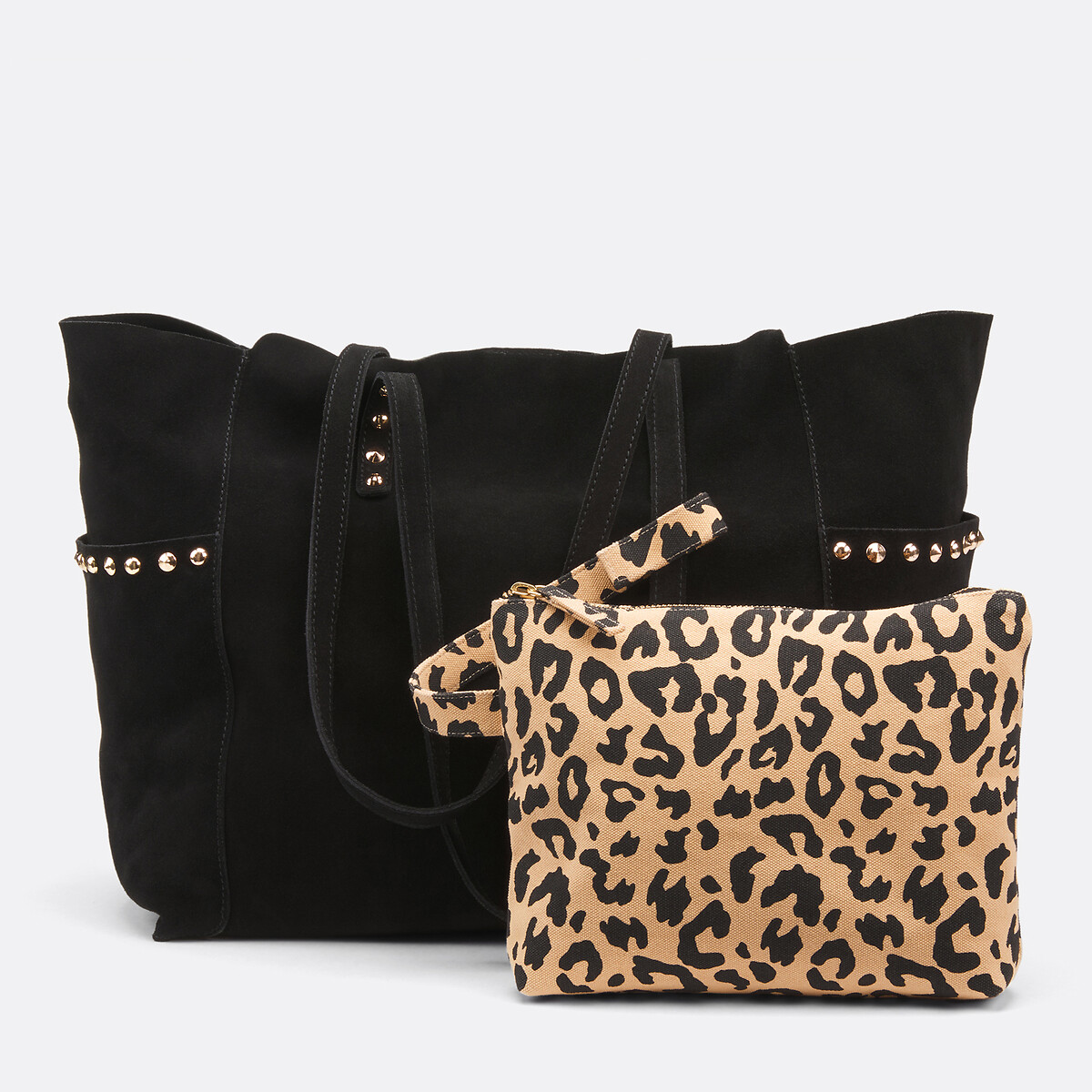 Δερμάτινη σουέτ τσάντα με λεοπάρ τσαντάκι