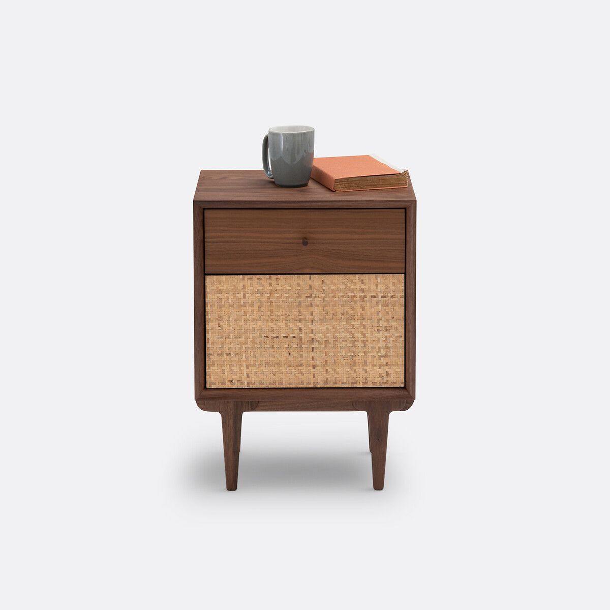 La Redoute Interieurs Vintage κομοδίνο από ξύλο καρυδιάς και ψάθα Μ30xΠ40xΥ55cm