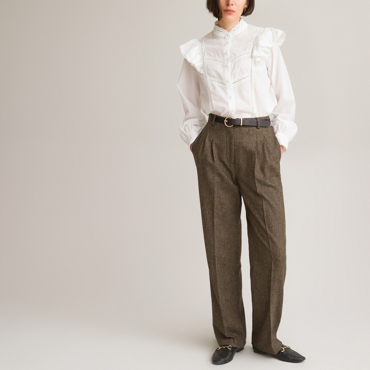 Ίσιο μάλλινο παντελόνι με πένσες και μοτίβο ψαροκόκκαλο