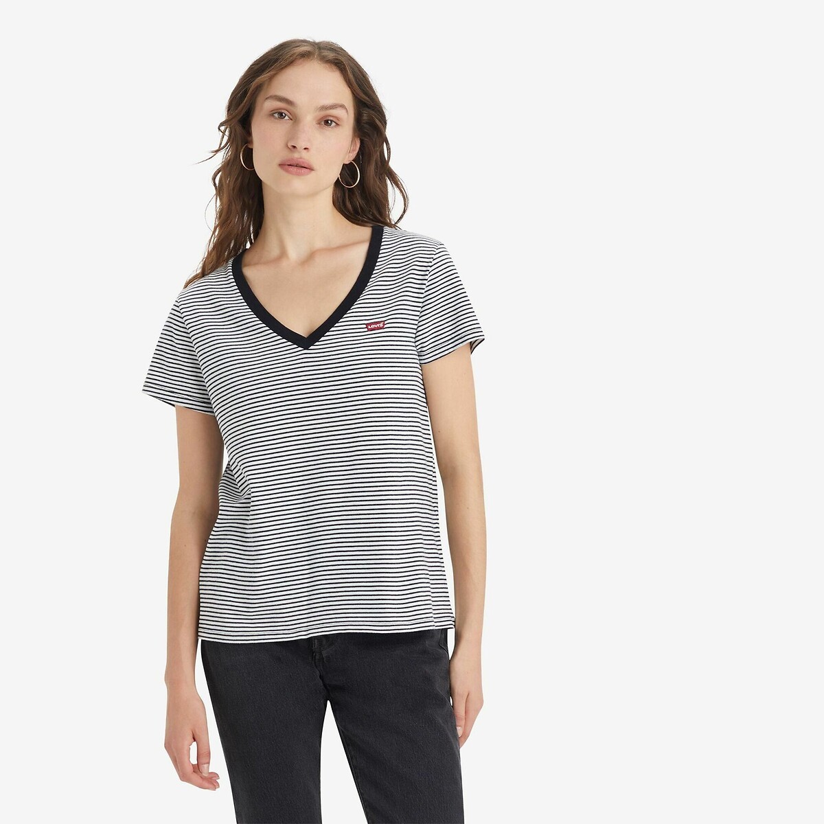 Ριγέ T-shirt με V και λογότυπο μπροστά
