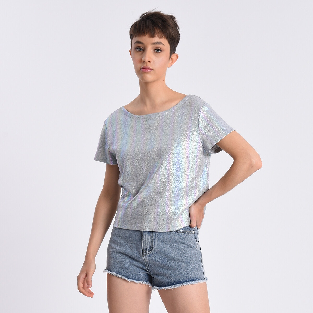 Κοντομάνικη εξώπλατη μπλούζα με μεταλλιζέ όψη