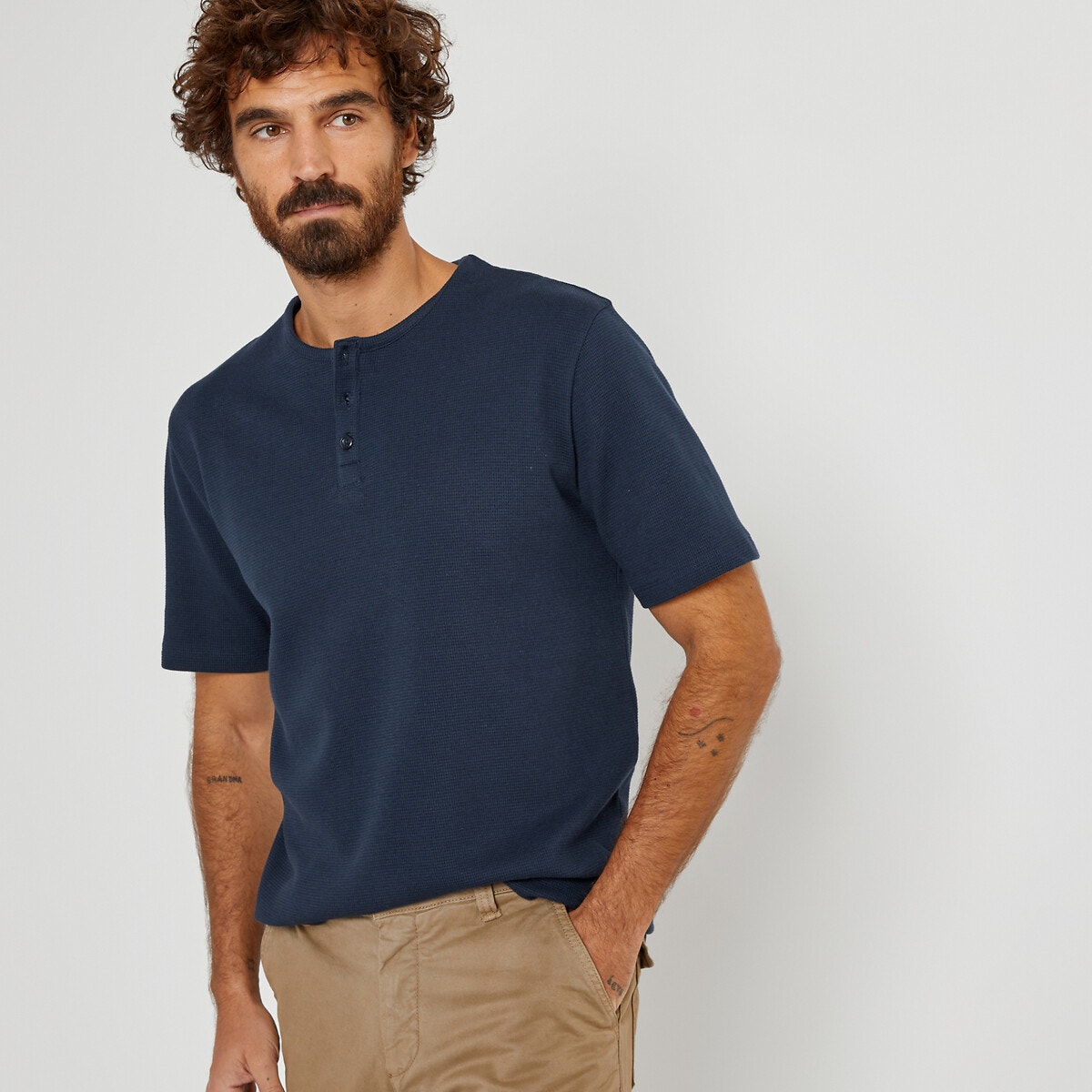 La Redoute Collections Κοντομάνικη μπλούζα με κουμπιά στη λαιμόκοψη