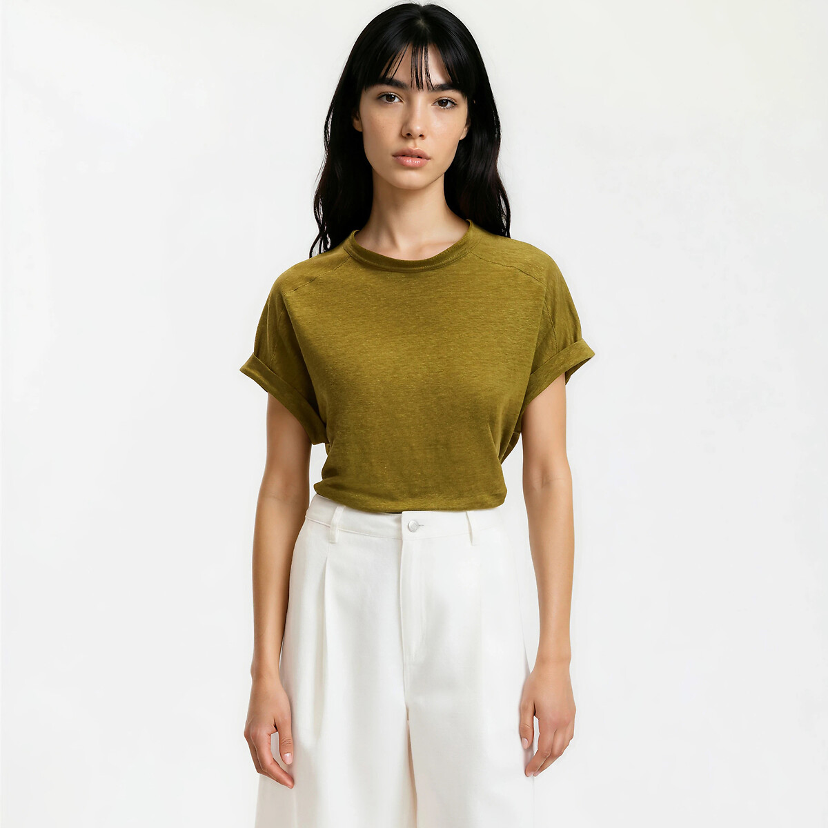 Λινή μπλούζα με στρογγυλή λαιμόκοψη