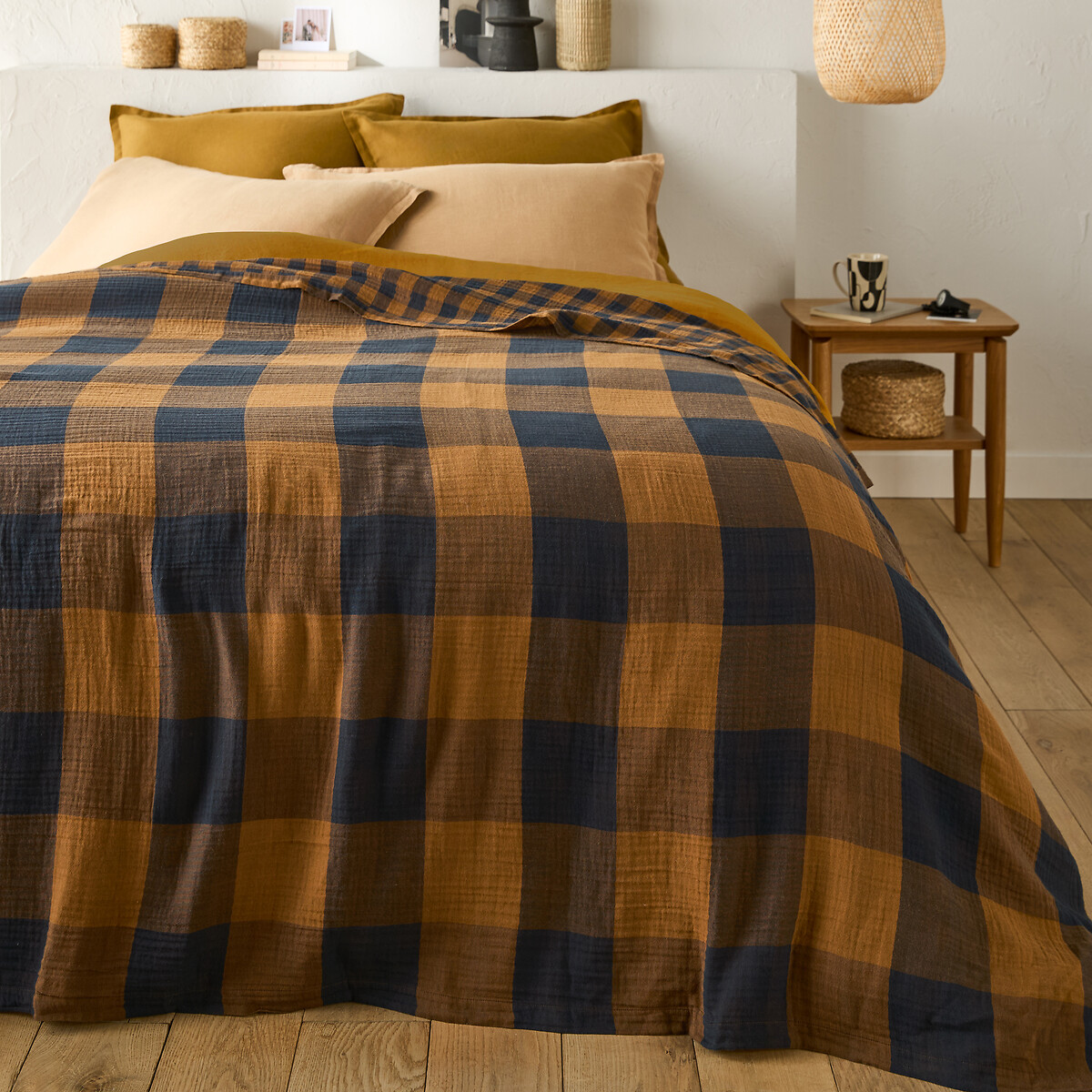 Κάλυμμα κρεβατιού από βαμβακερή γάζα με καρό μοτίβο, Calix