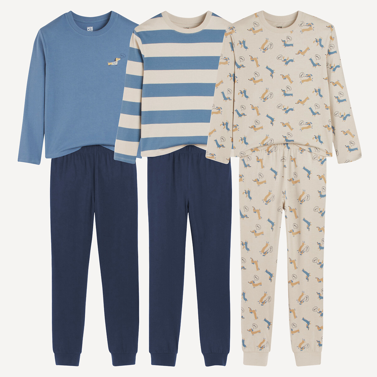 La Redoute Collections Σετ 3 βαμβακερές πιτζάμες με μοτίβο σκύλους και ρίγες