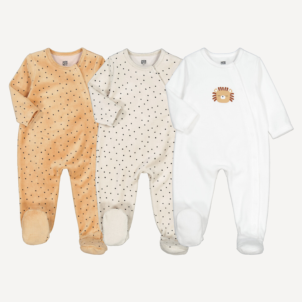 La Redoute Collections Σετ 3 βελουτέ πιτζαμάκια με πουά και μοτίβο λιοντάρι