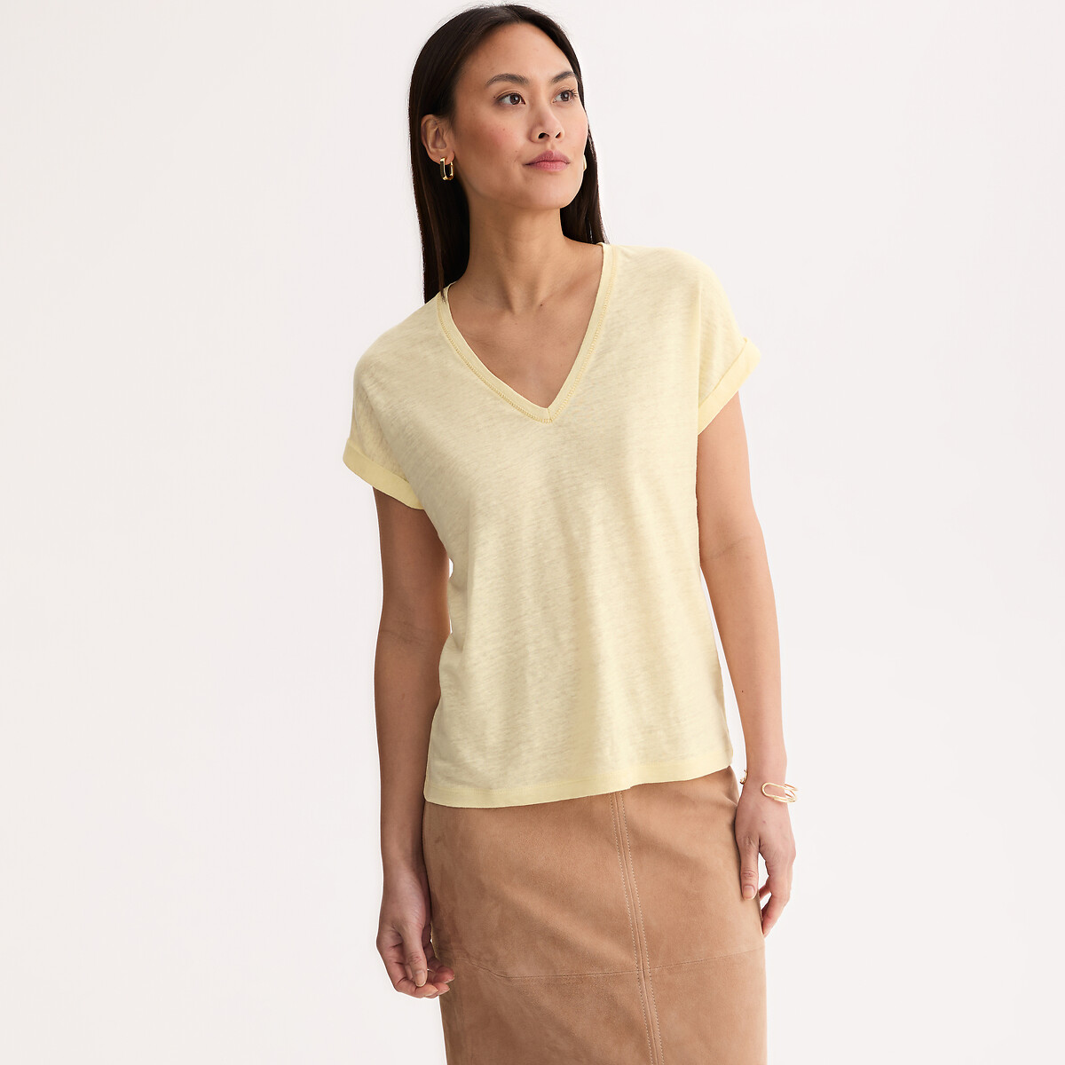 Anne Weyburn Κοντομάνικη λινή μπλούζα με V