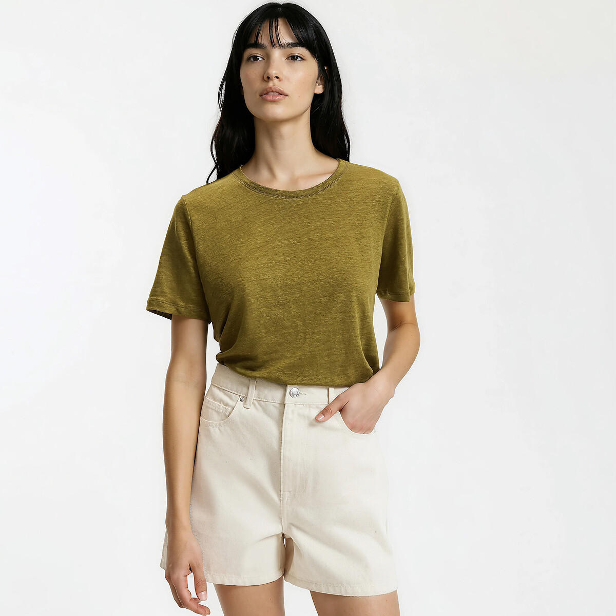 Κοντομάνικη λινή μπλούζα με στρογγυλή λαιμόκοψη