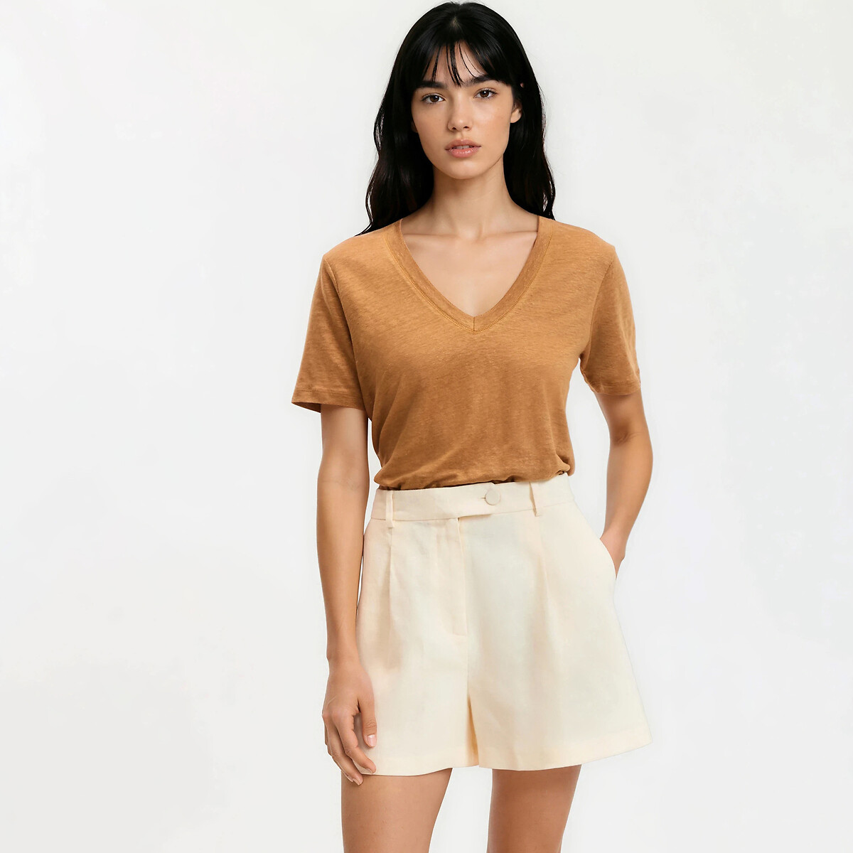 La Redoute Collections Κοντομάνικη λινή μπλούζα με V