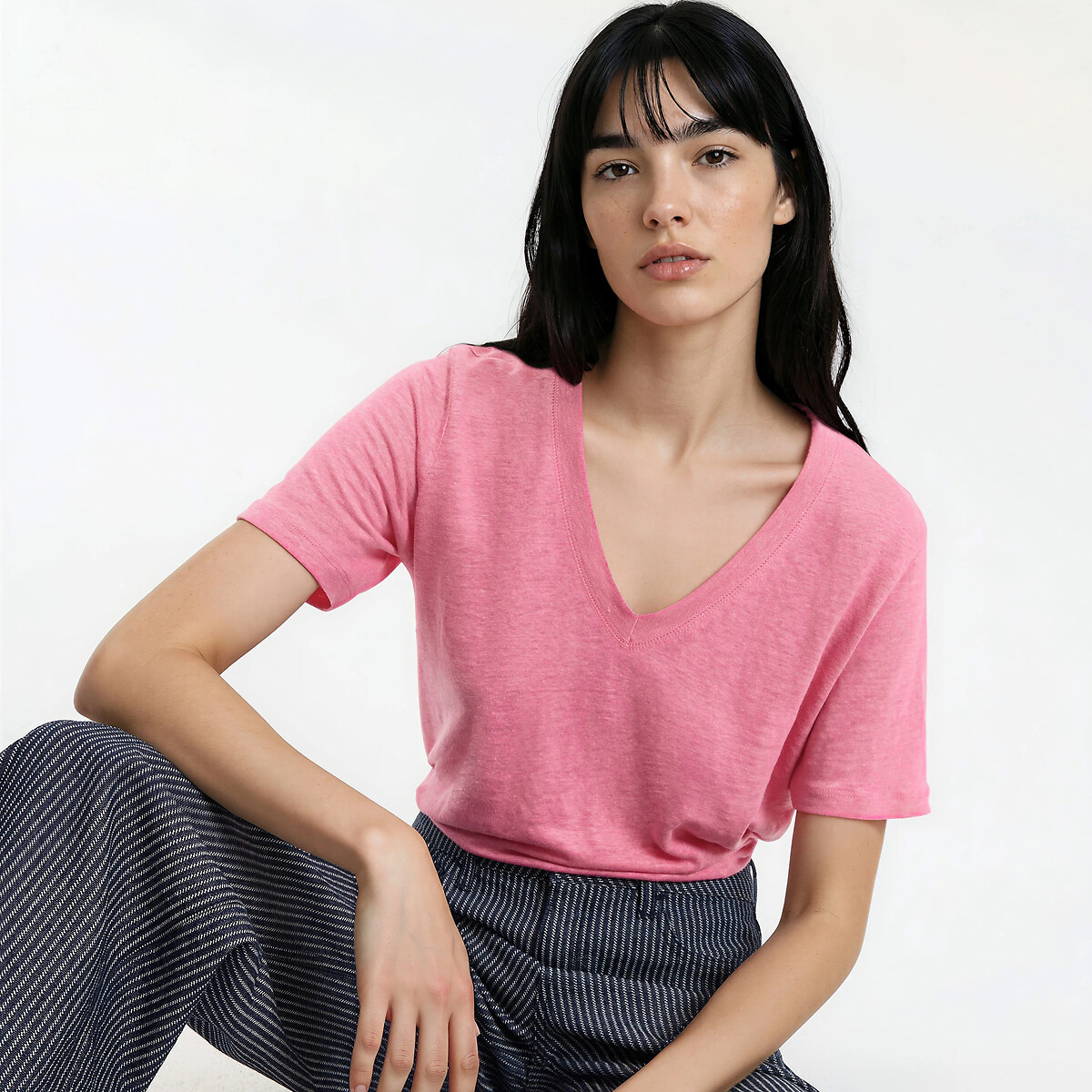 La Redoute Collections Κοντομάνικη λινή μπλούζα με V