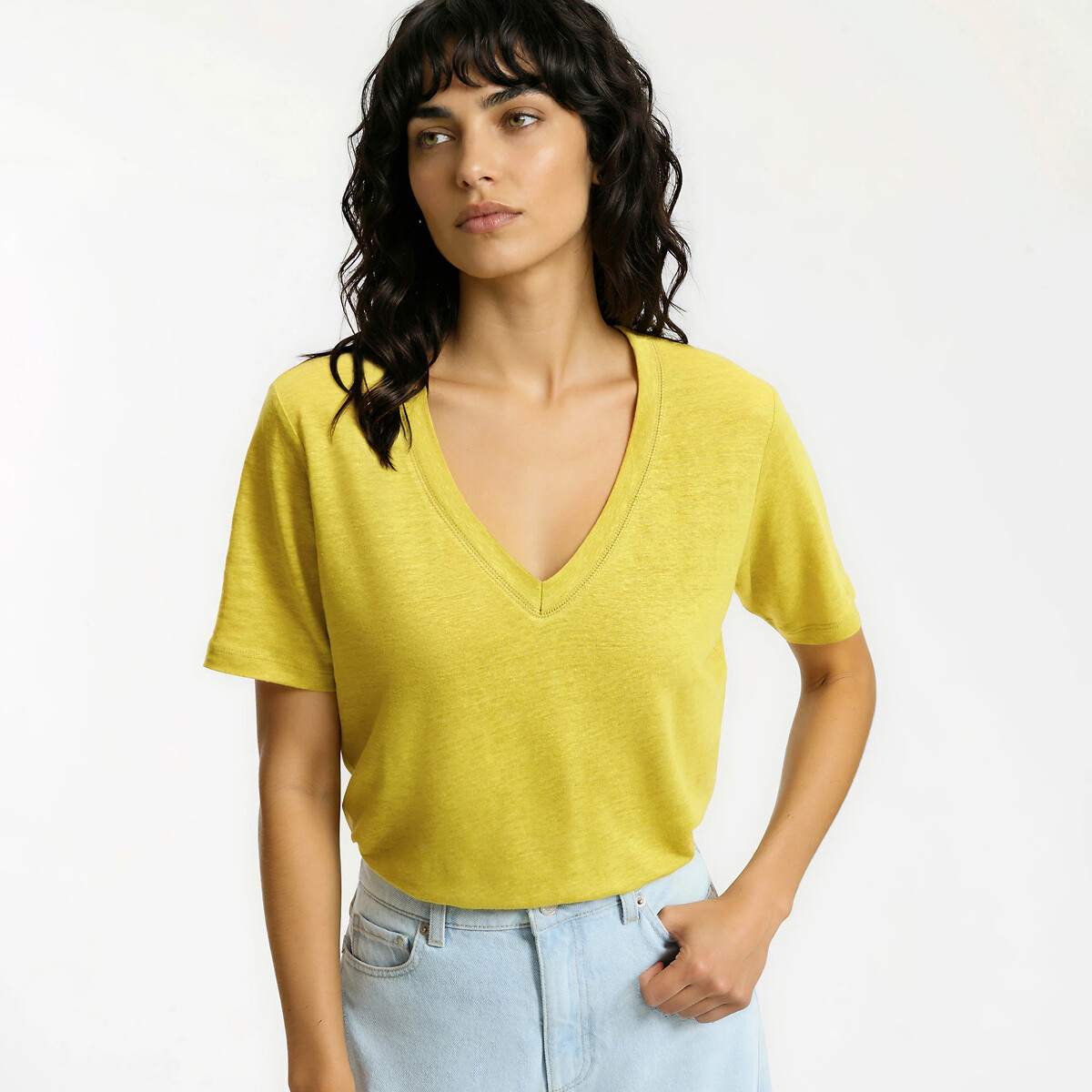 La Redoute Collections Κοντομάνικη λινή μπλούζα με V