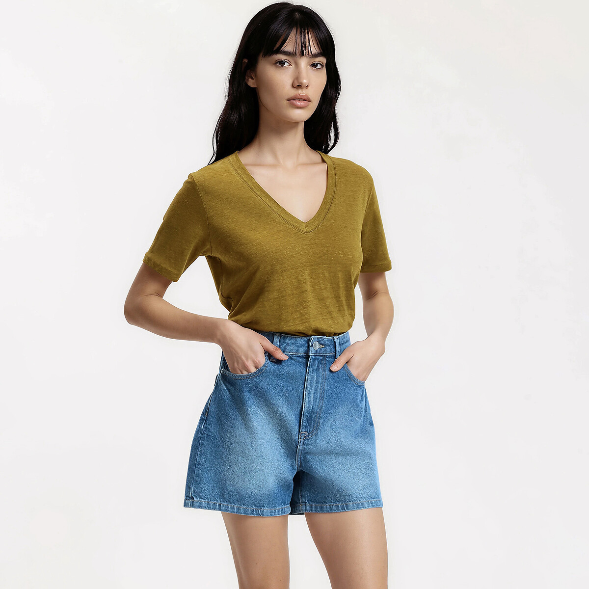 La Redoute Collections Κοντομάνικη λινή μπλούζα με V