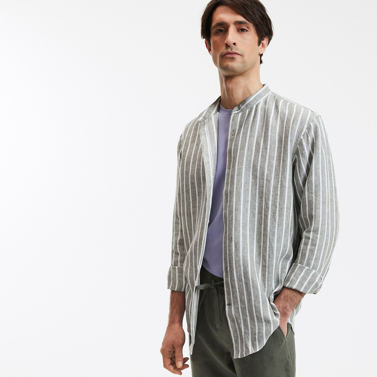 La Redoute Collections Ριγέ λινό πουκάμισο με μάο γιακά