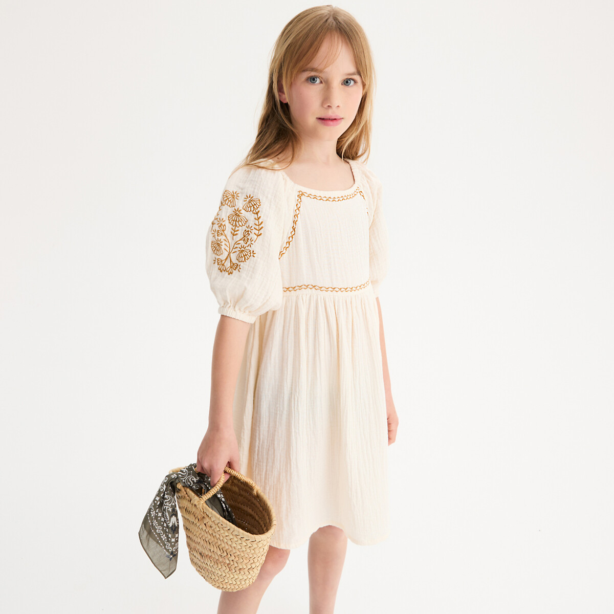 La Redoute Collections Κοντομάνικο φόρεμα από βαμβακερή γάζα με κέντημα