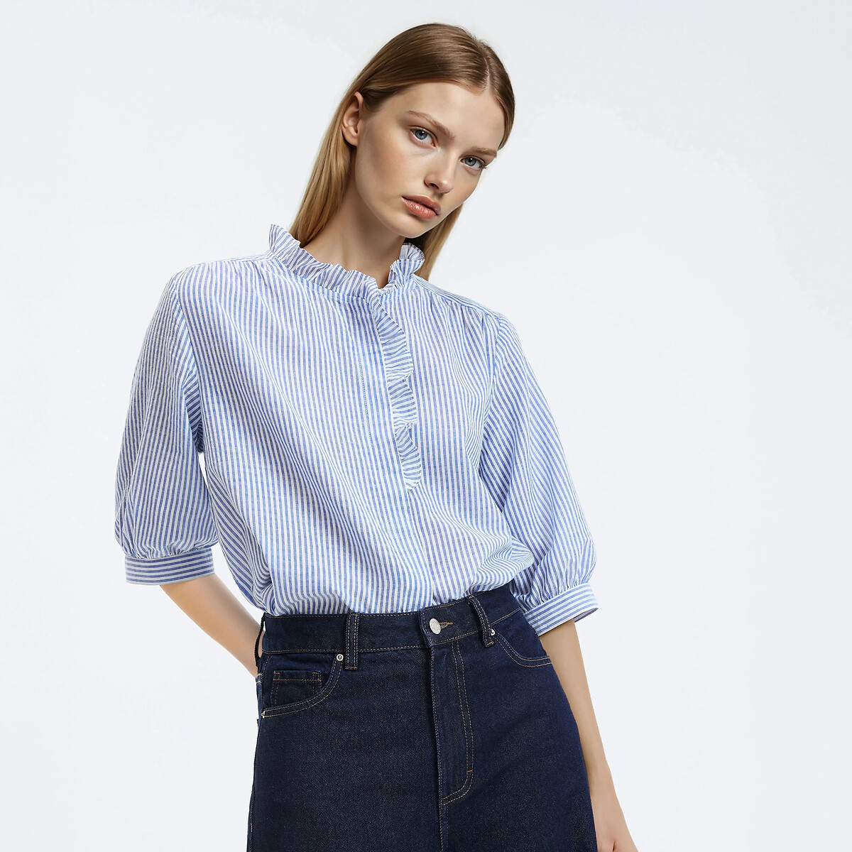 La Redoute Collections Κοντομάνικη ριγέ μπλούζα με λαιμό σε βικτωριανό στυλ