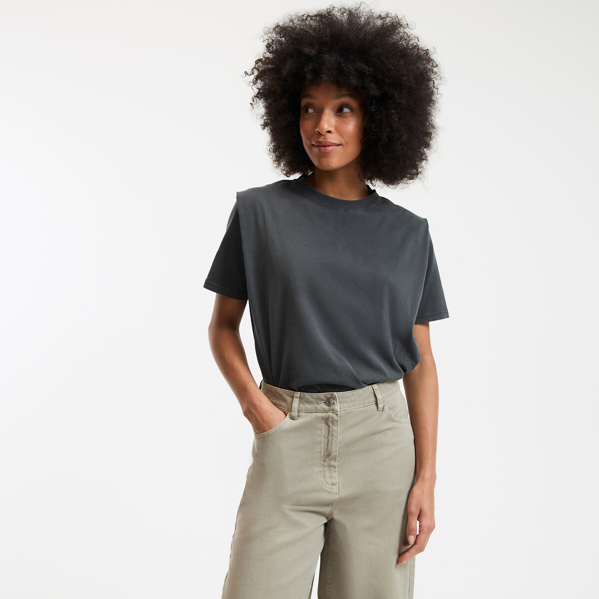 La Redoute Collections Κοντομάνικη βαμβακερή μπλούζα με στρογγυλή λαιμόκοψη