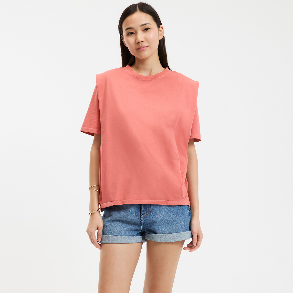 La Redoute Collections Κοντομάνικη βαμβακερή μπλούζα με στρογγυλή λαιμόκοψη