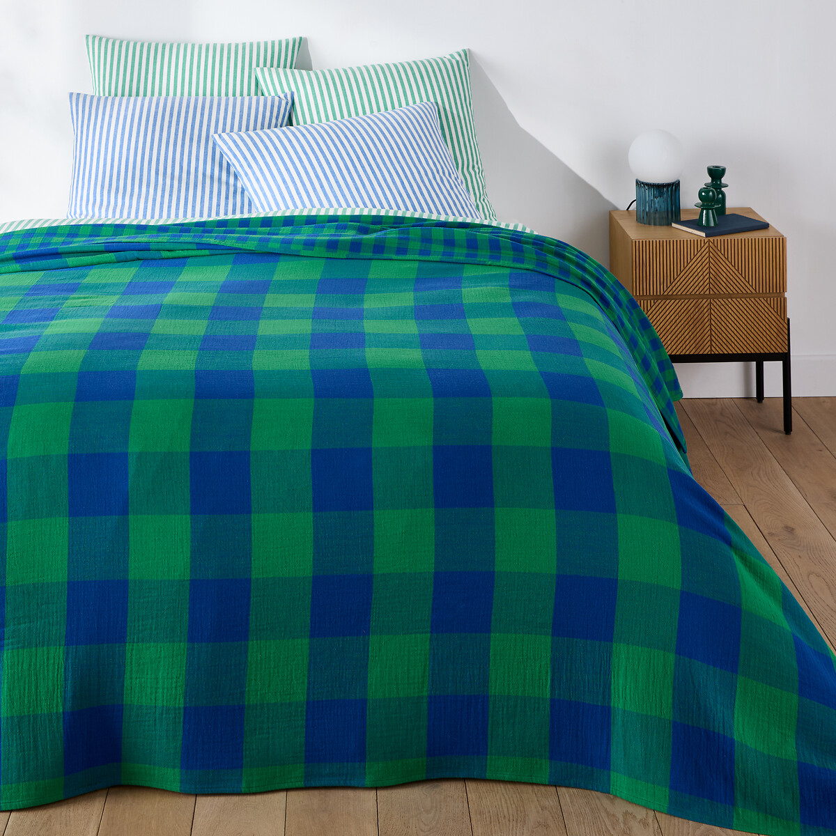 Κάλυμμα κρεβατιού από βαμβακερή γάζα με καρό μοτίβο 140x200 cm