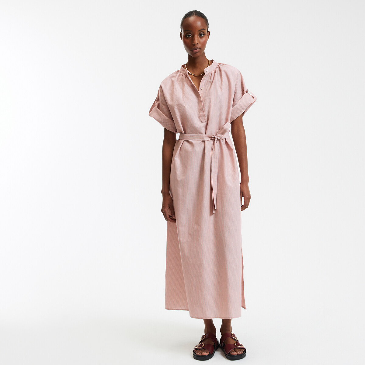 Μακρύ ριγέ φόρεμα από λινό και βαμβάκι με μανίκια 3|4