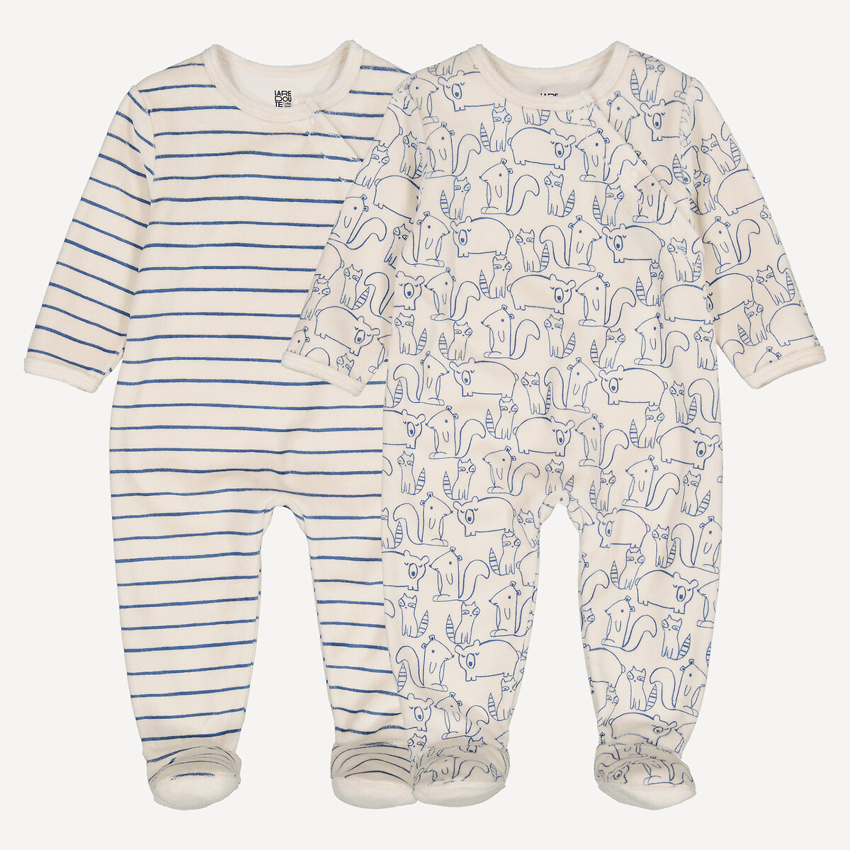 Σετ 2 βρεφικά πιτζαμάκια από βελούδο με ρίγες και ζωάκια