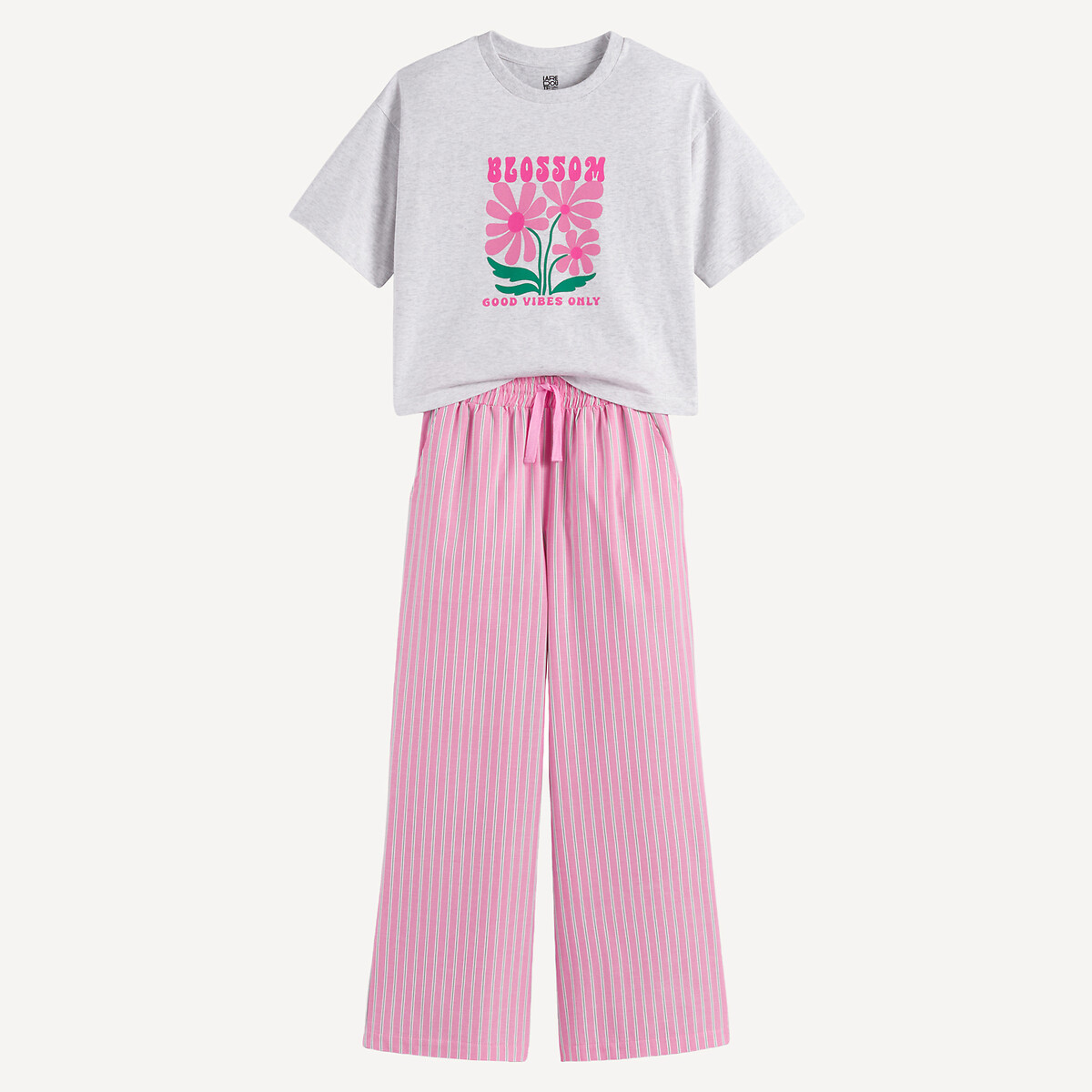 Βαμβακερή πιτζάμα με T-shirt και ριγέ παντελόνι
