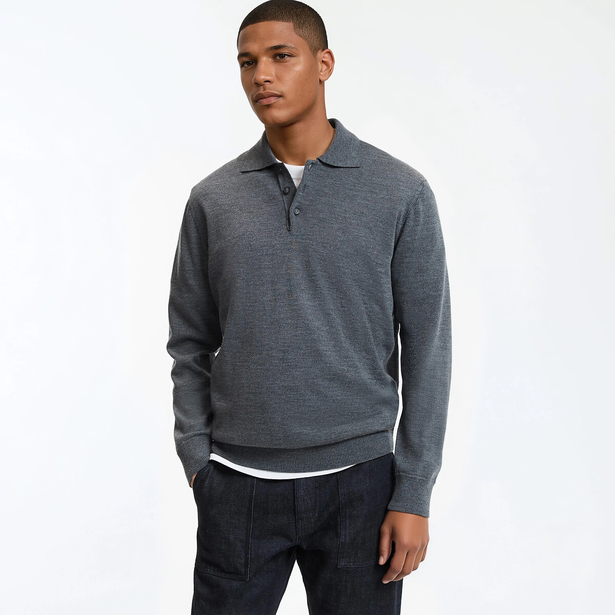 Πουλόβερ με λαιμό τύπου polo από μαλλί μερινό