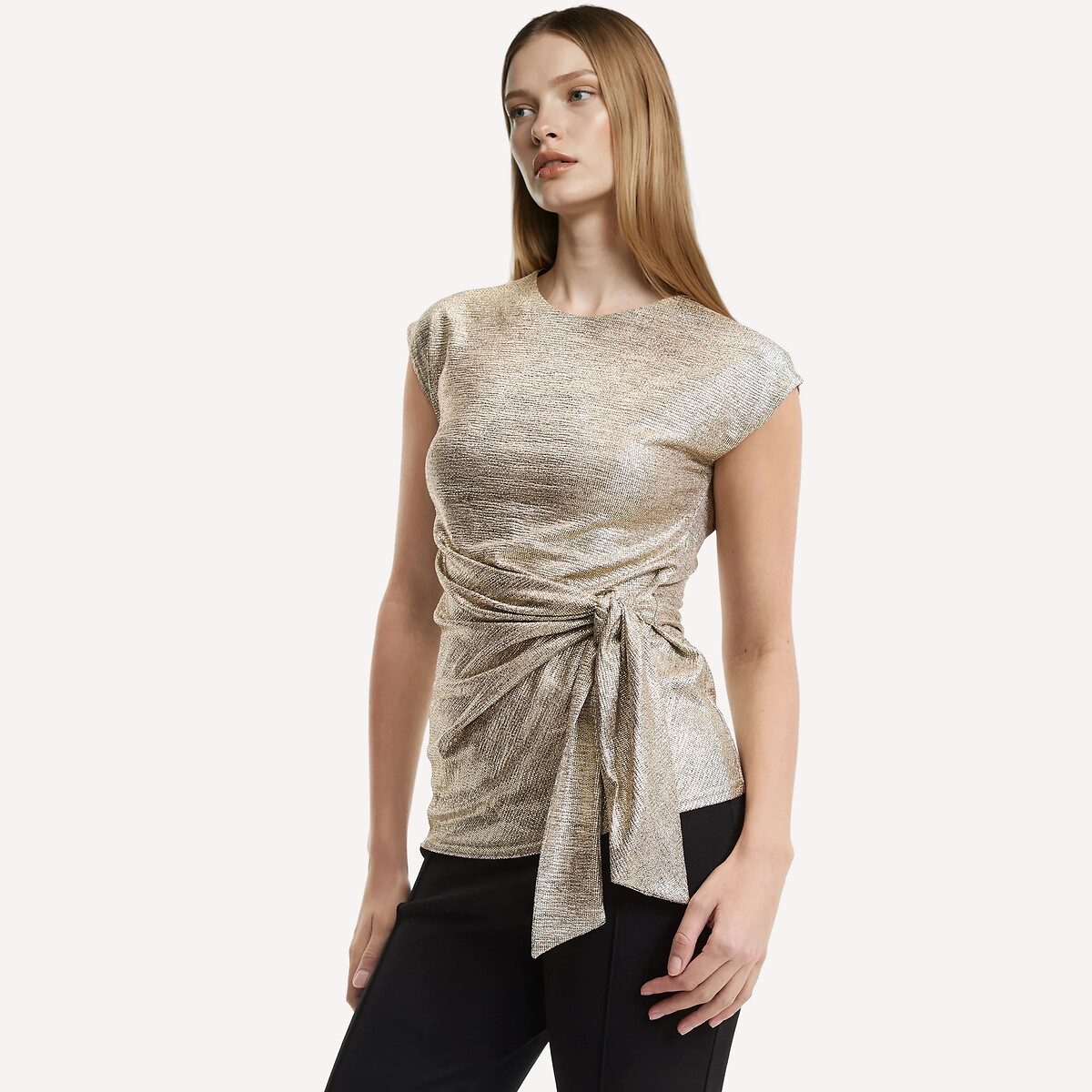 ANNE WEYBURN Λαμέ μπλούζα με ντραπέ όψη και κοντά μανίκια