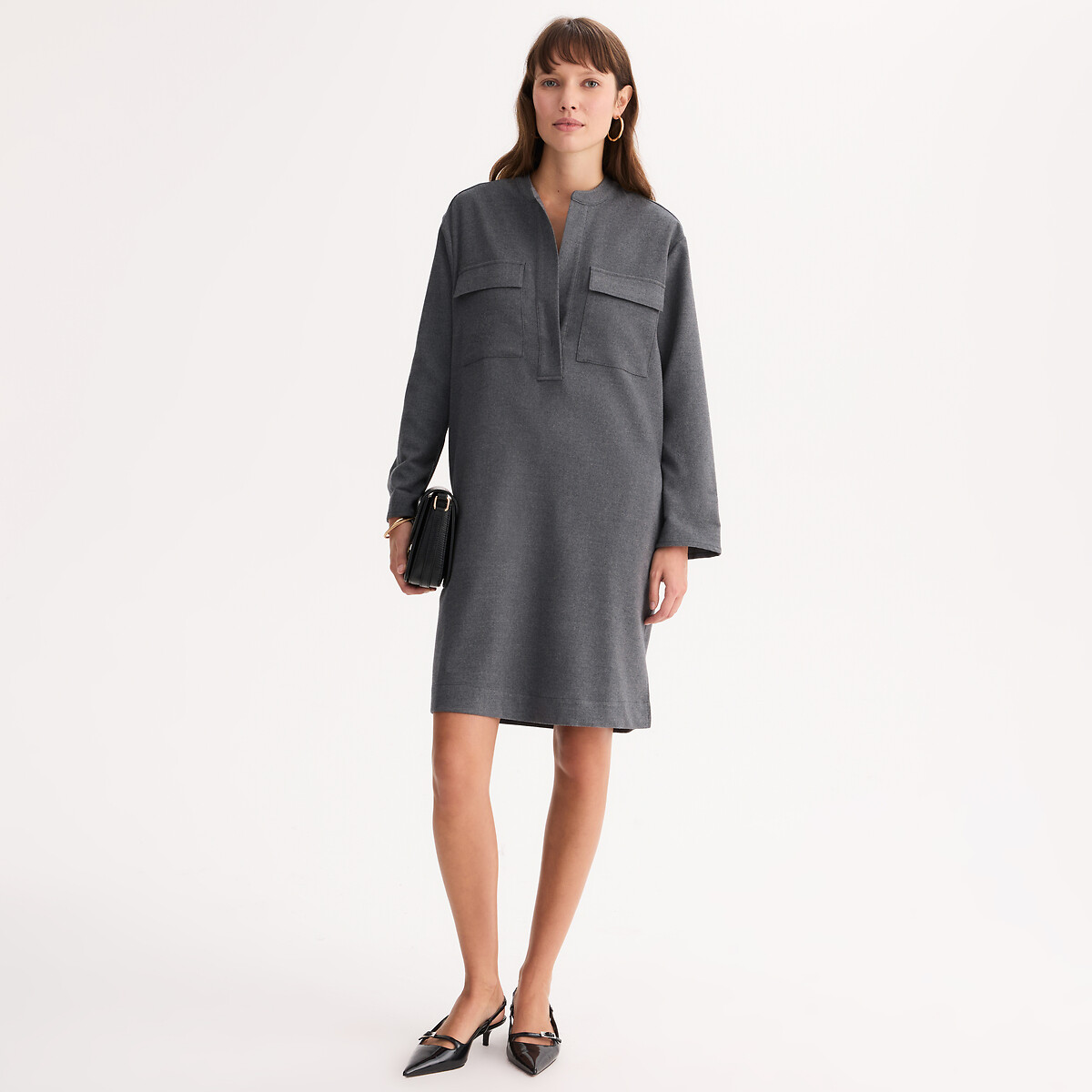 Anne Weyburn Ίσιο φόρεμα από φανέλα με μακριά μανίκια
