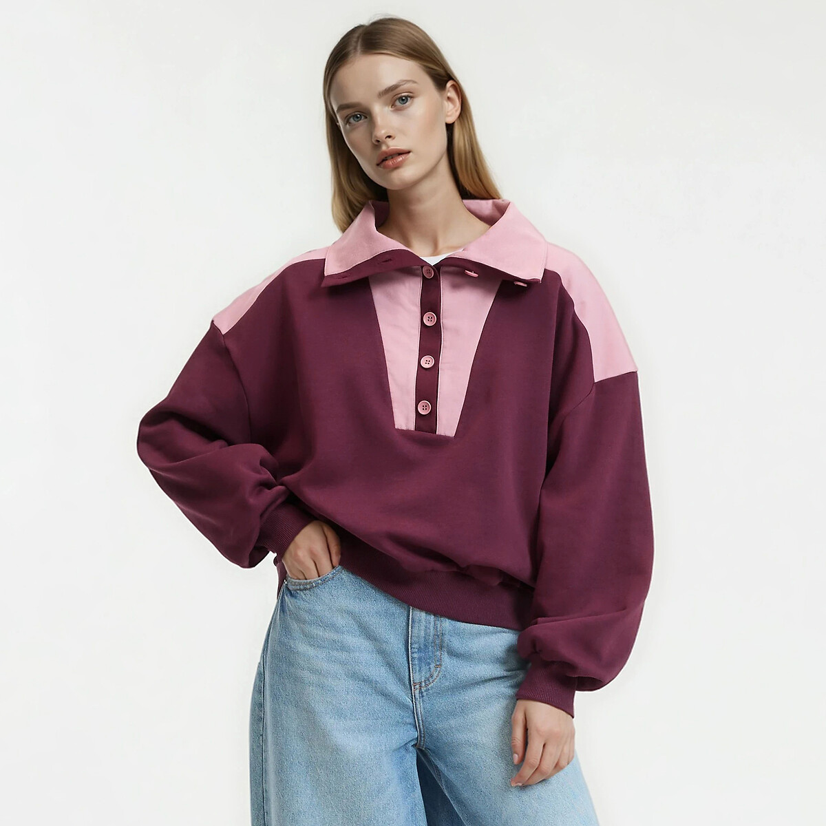 Φούτερ με γιακά τύπου trucker και κουμπιά