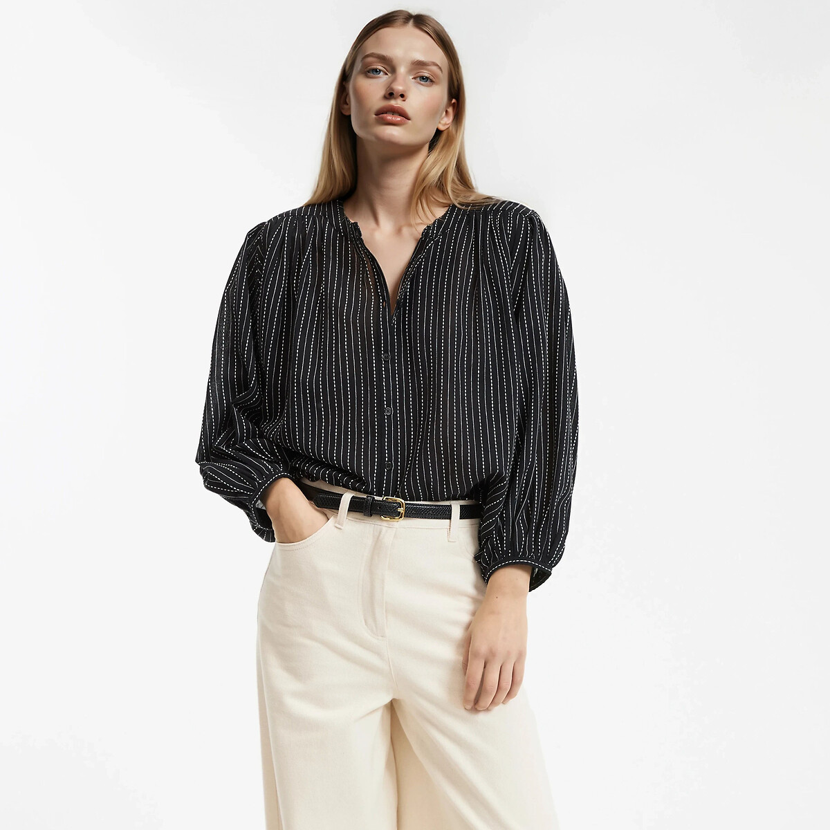 Ριγέ πουκάμισο με γιακά μάο και μανίκια 3 4