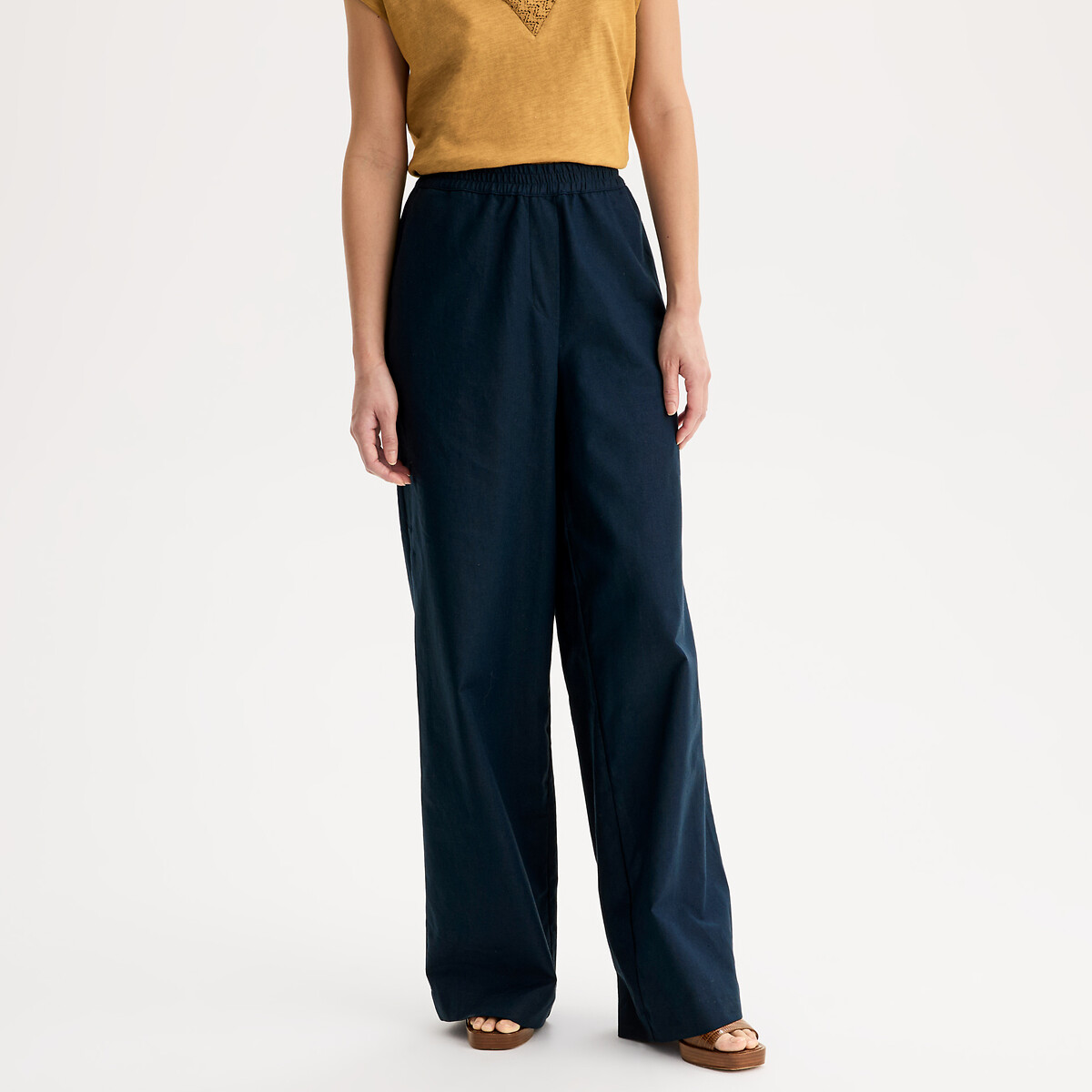 Φαρδύ παντελόνι από λινό και βαμβάκι με ελαστική μέση