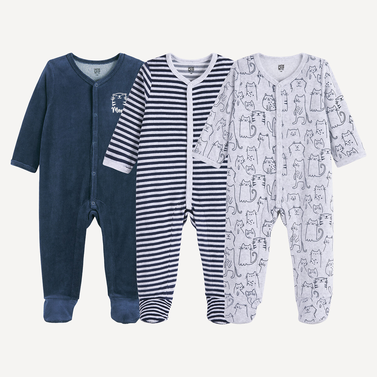 Σετ 3 ολόσωμες πιτζάμες βελουτέ με σχέδια γατάκια και ρίγες