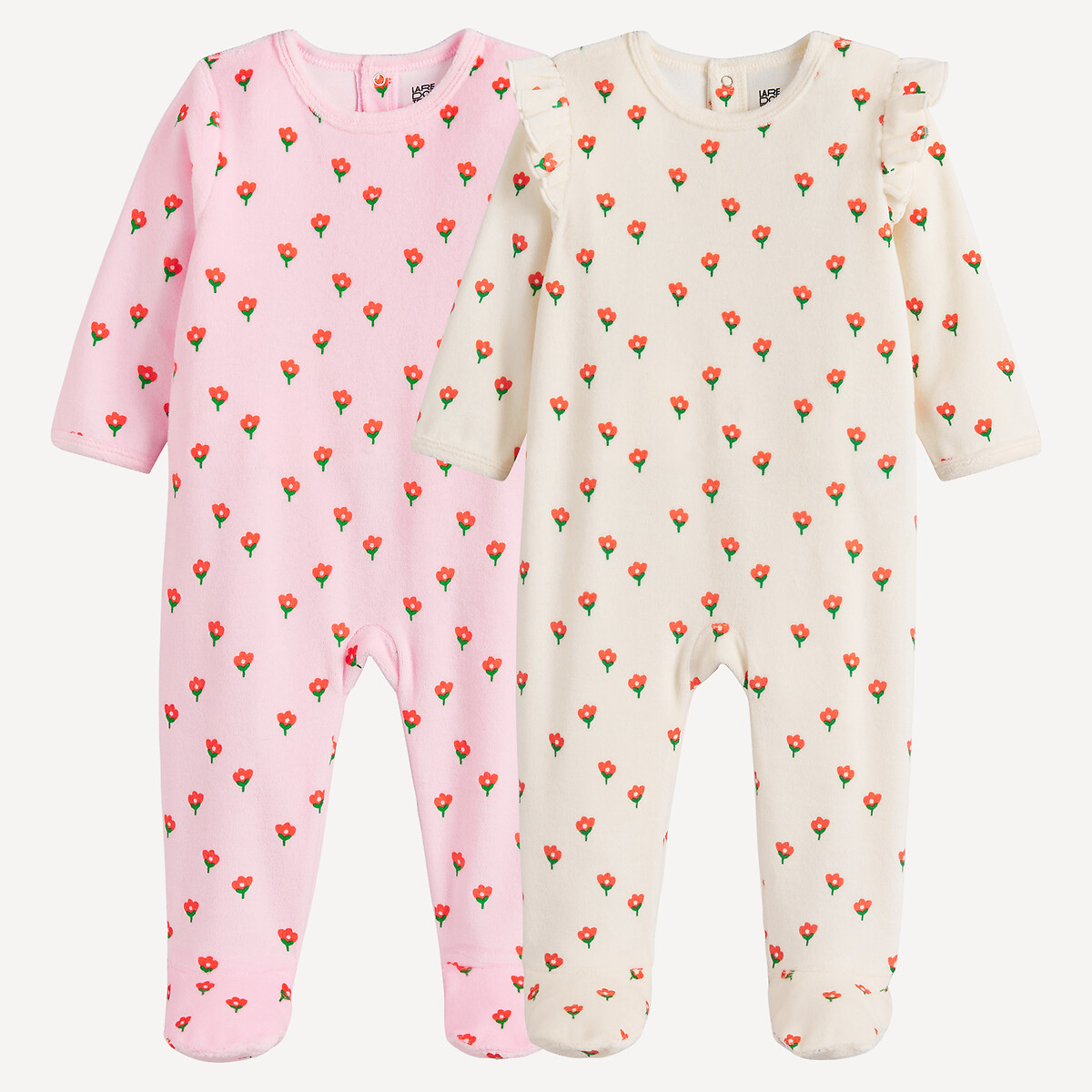 Σετ 2 ολόσωμες βρεφικές πιτζάμες από βελούδο με σχέδιο λουλούδια