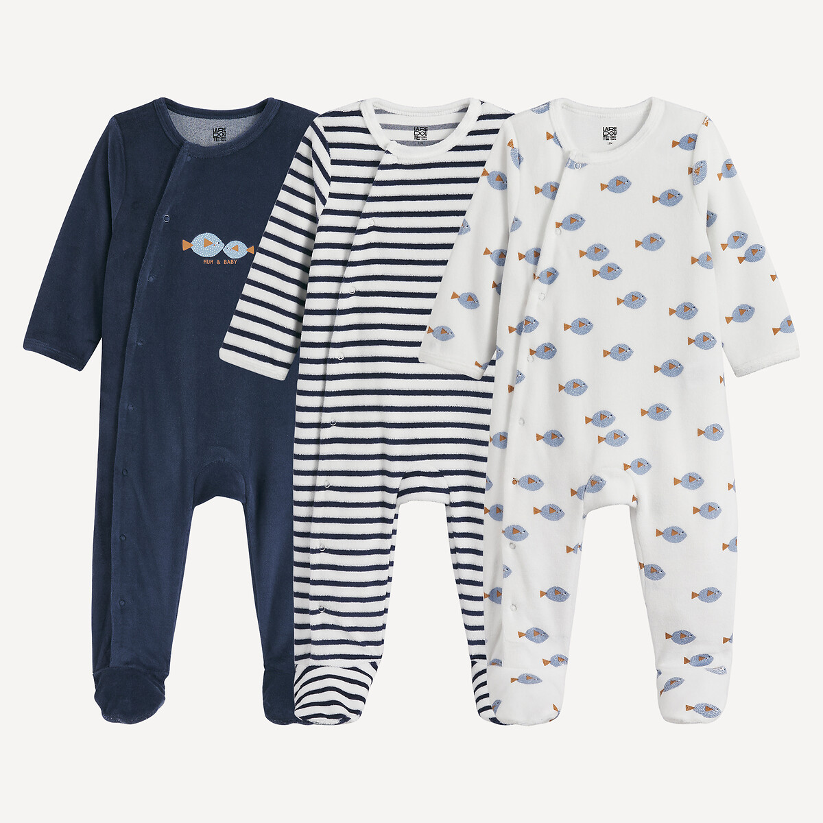 La Redoute Collections Σετ 3 ολόσωμες βρεφικές πιτζάμες με σχέδια ψάρια και ρίγες