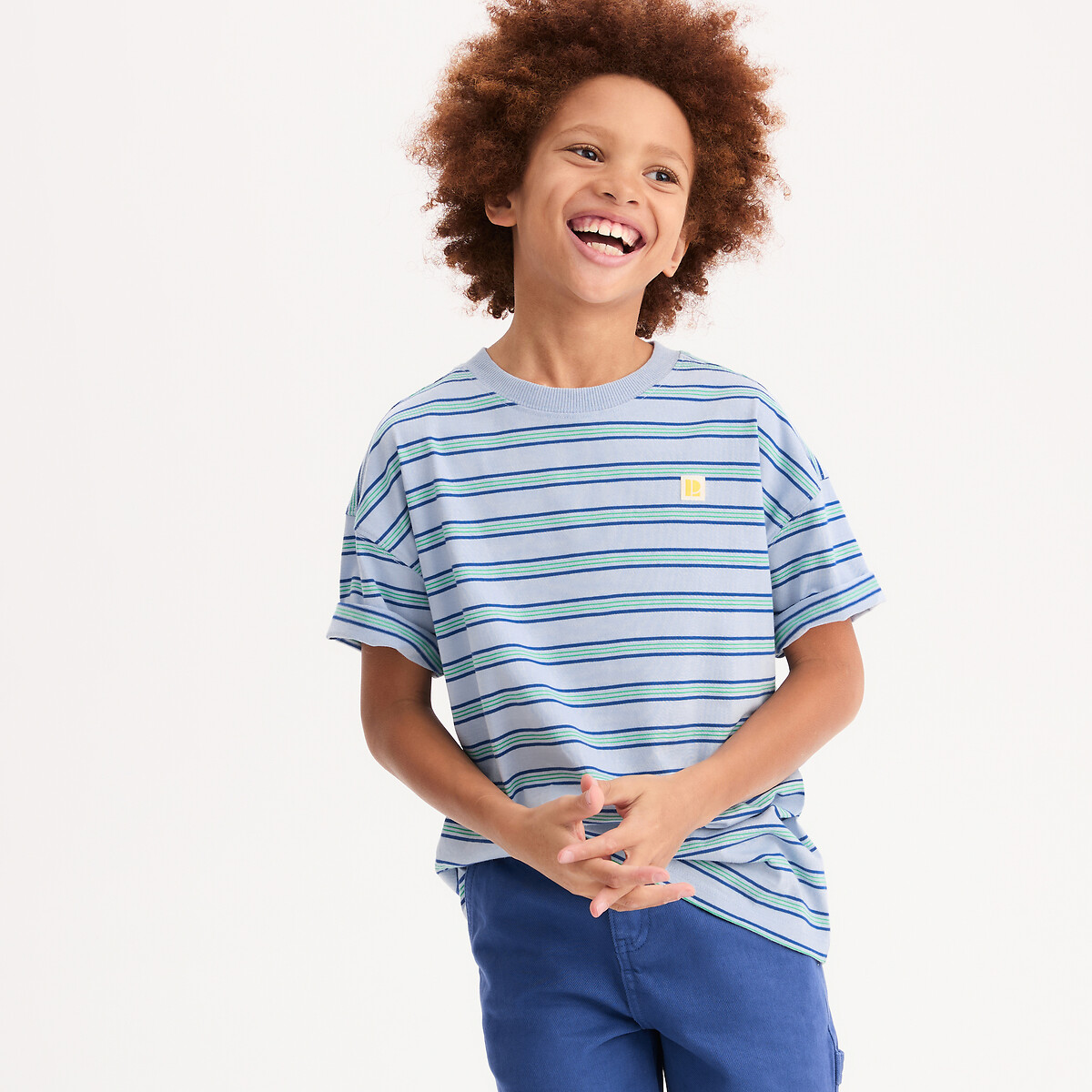 Φαρδύ ριγέ μπλουζάκι με στρογγυλή λαιμόκοψη και κοντά μανίκια