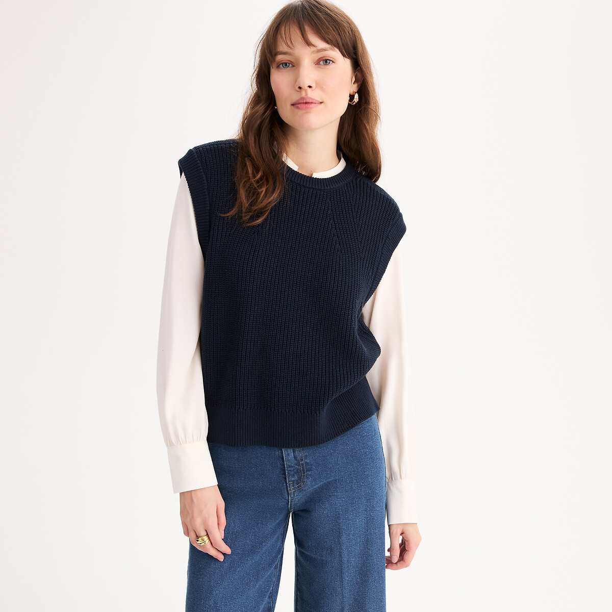 Anne Weyburn Πλεκτή αμάνικο πουλόβερ με στρογγυλή λαιμόκοψη από αγνό βαμβάκι