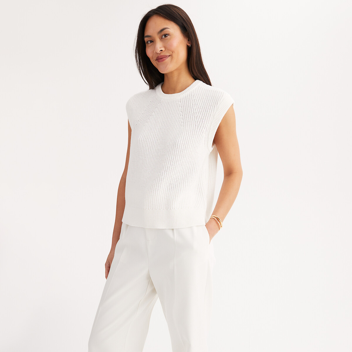 Anne Weyburn Πλεκτή αμάνικο πουλόβερ με στρογγυλή λαιμόκοψη από αγνό βαμβάκι