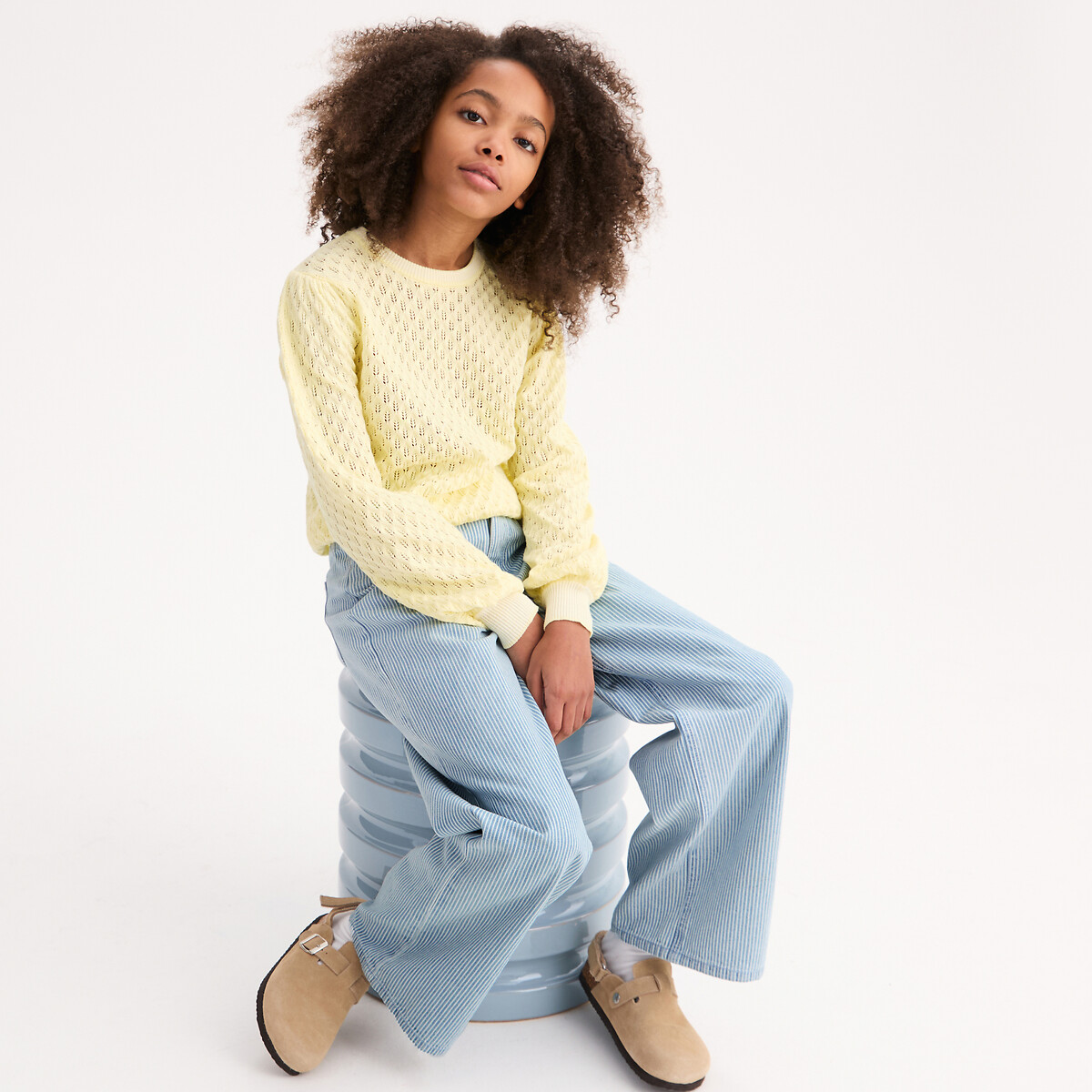 La Redoute Collections Πλεκτή μπλούζα με διακοσμητικά ανοίγματα και ριγέ στρογγυλή λαιμόκοψη