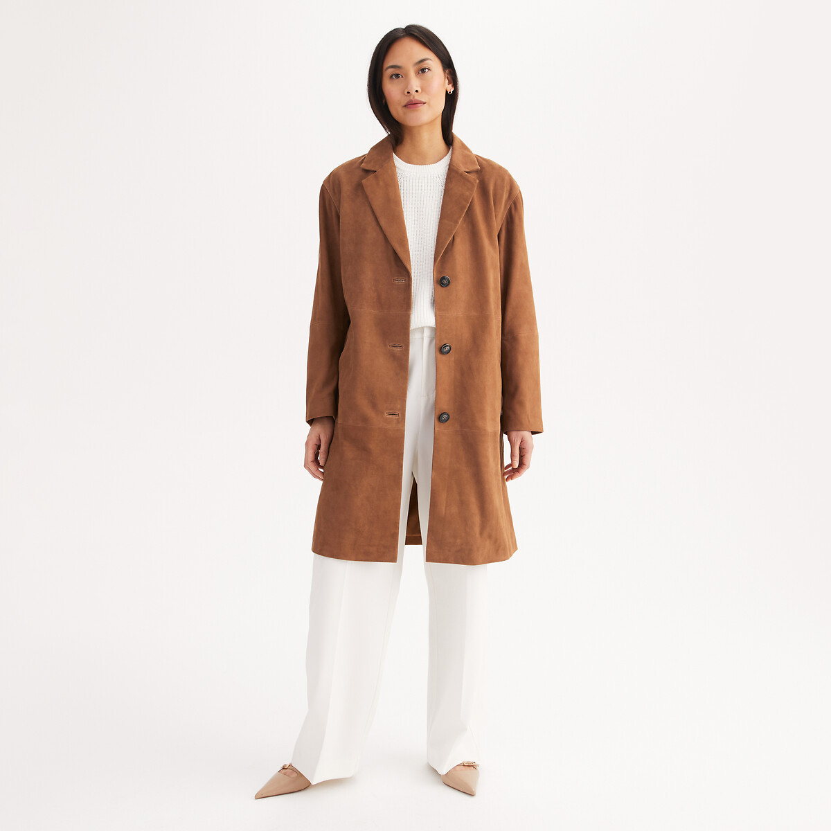 Δερμάτινο μακρύ σουέτ παλτό με κουμπιά