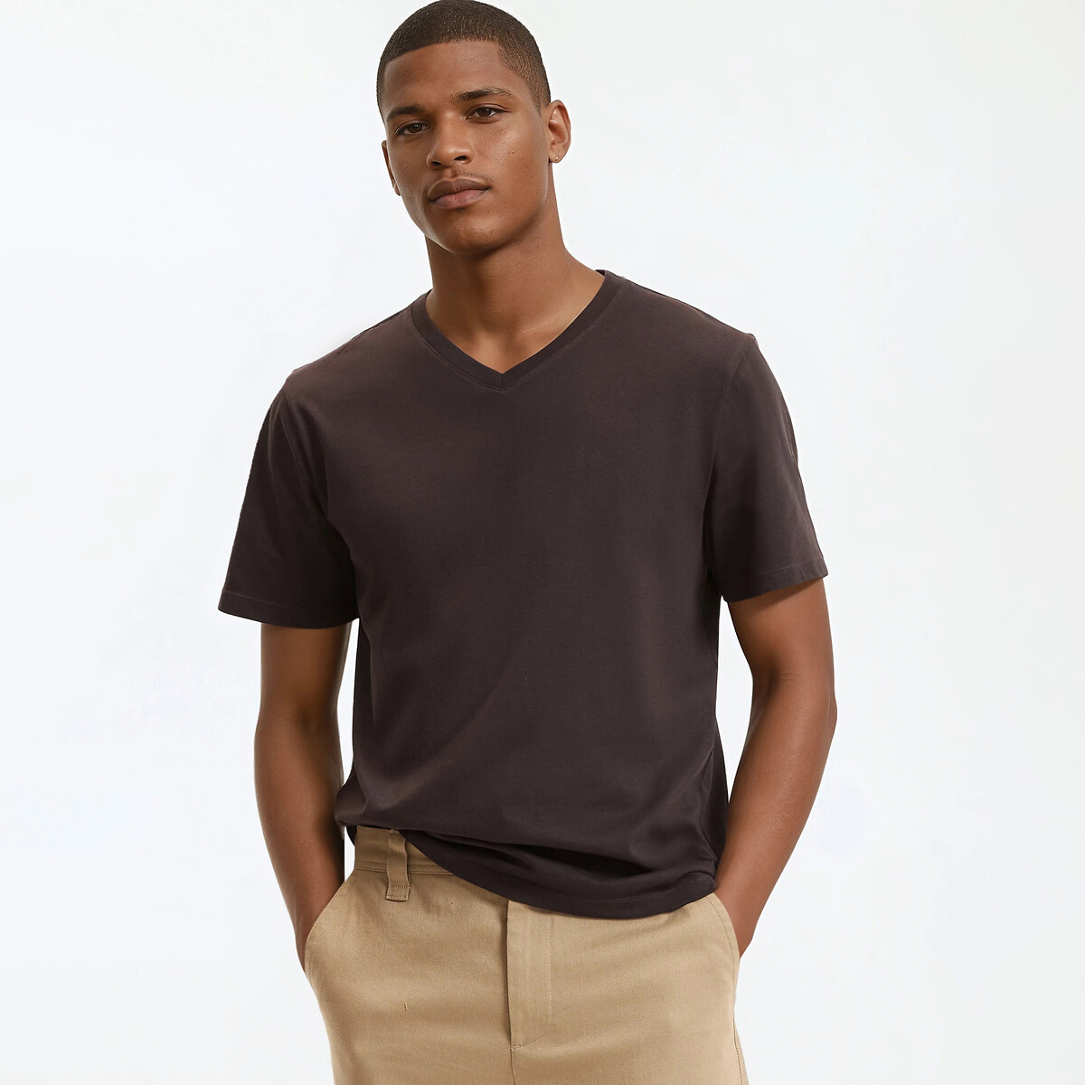 Κοντομάνικο βαμβακερό T-shirt με V λαιμόκοψη