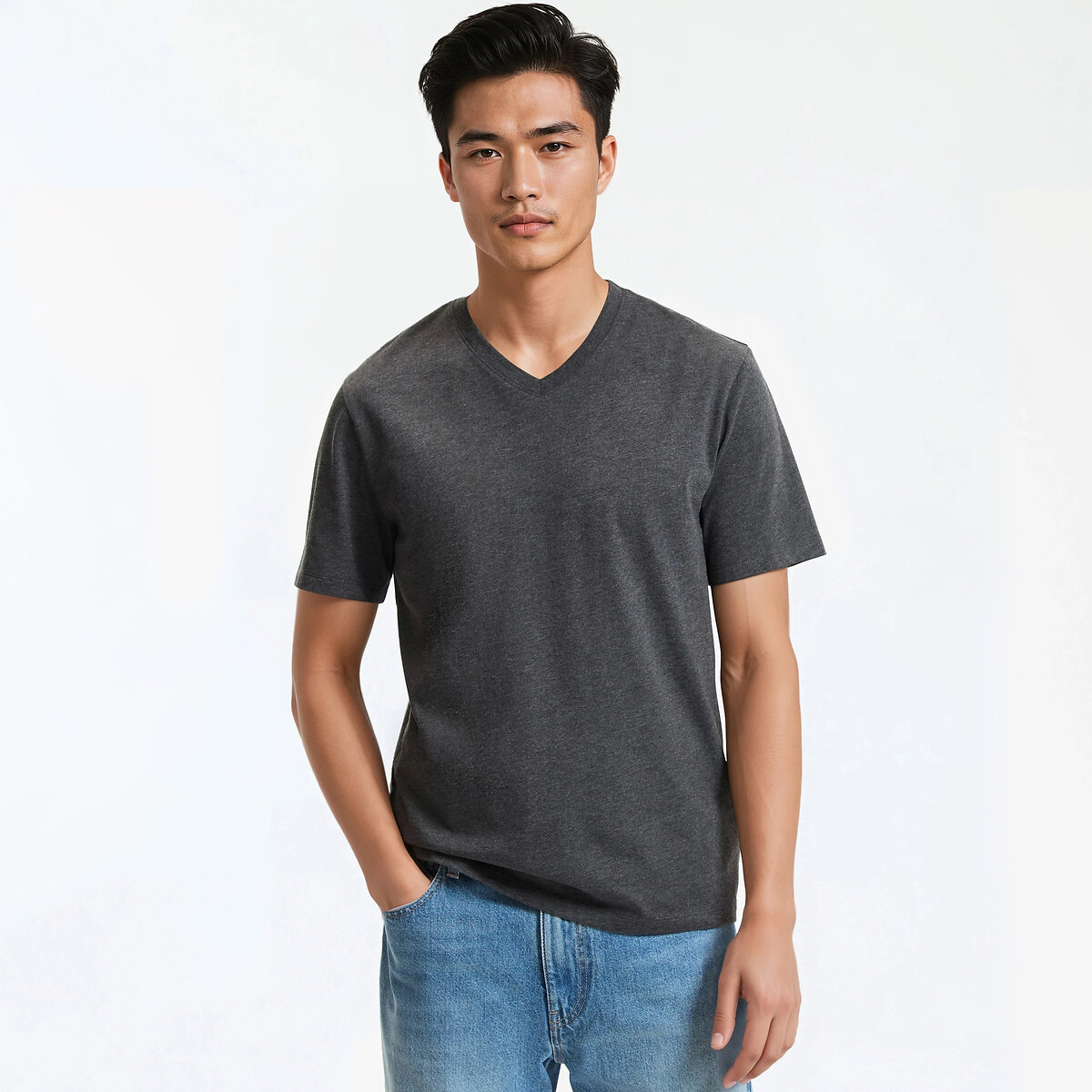 Κοντομάνικο βαμβακερό T-shirt με V λαιμόκοψη