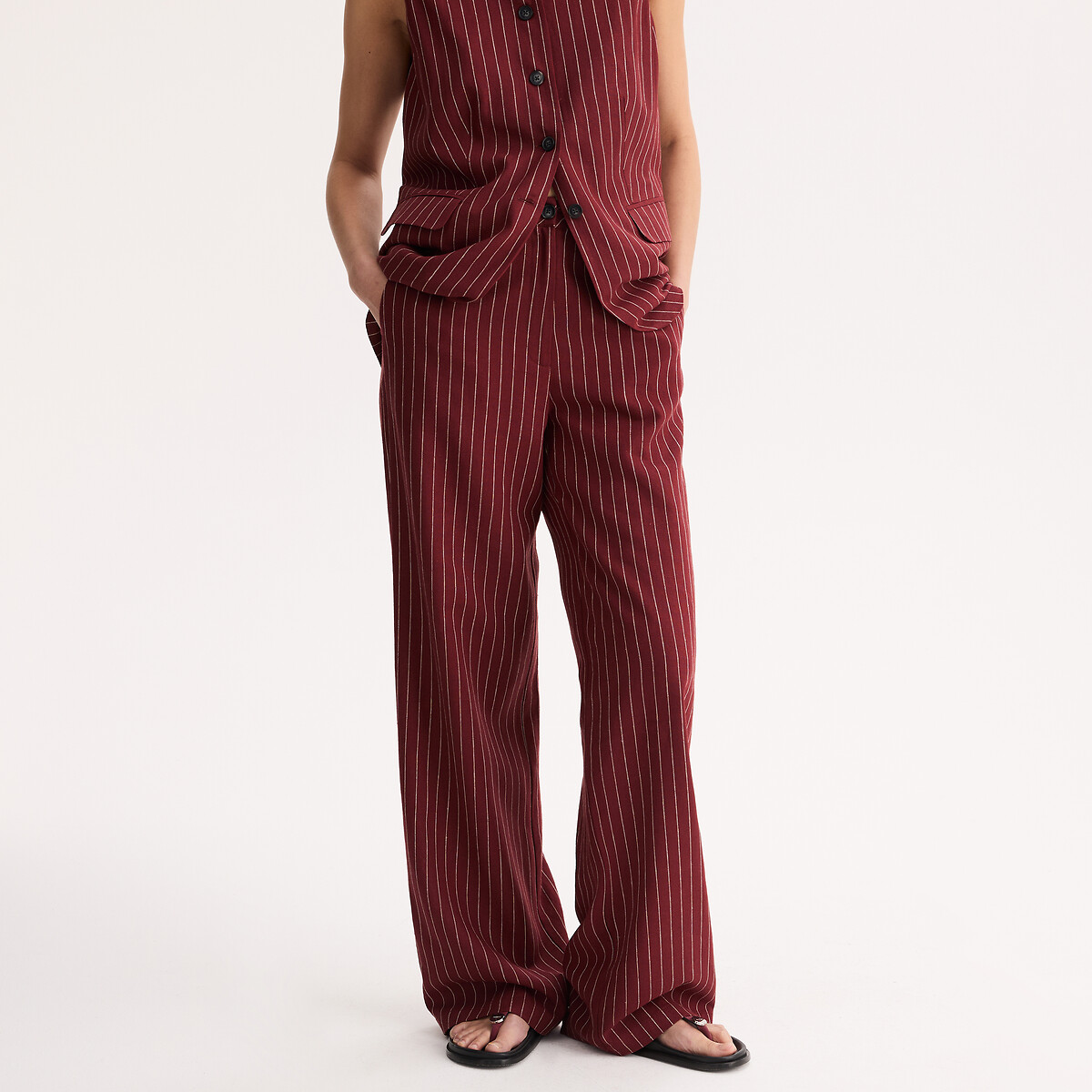 Anne Weyburn Παντελόνι φαρδύ ριγέ από λινό και βισκόζη