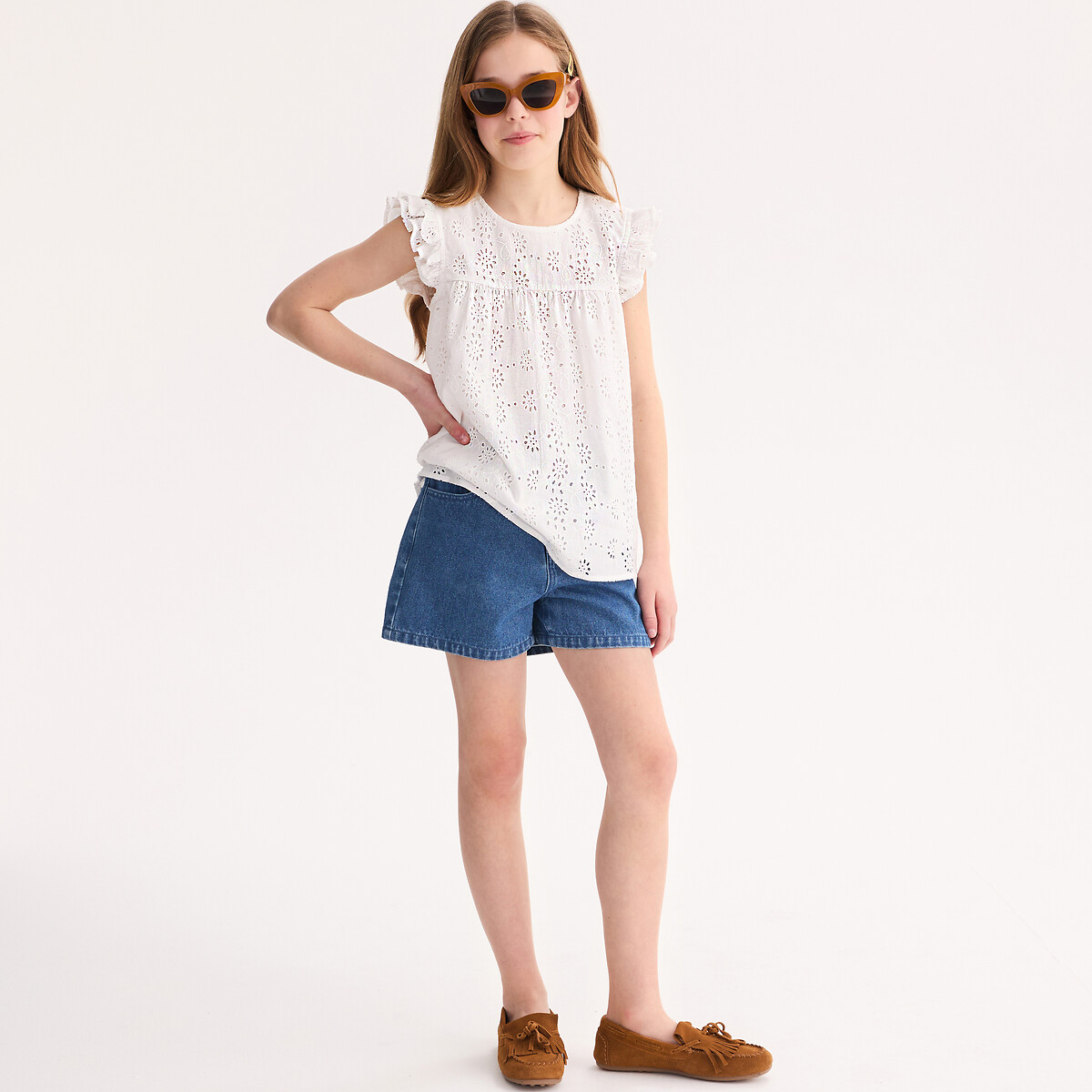 La Redoute Collections Μπλούζα με αγγλική δαντέλα και βολάν