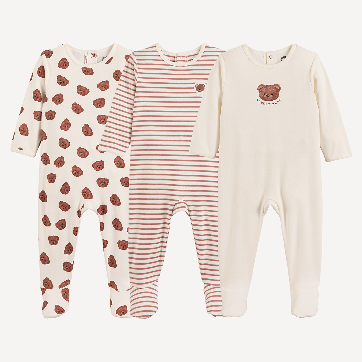 Σετ 3 ολόσωμες πιτζάμες από βαμβάκι με αρκουδάκια και ρίγες